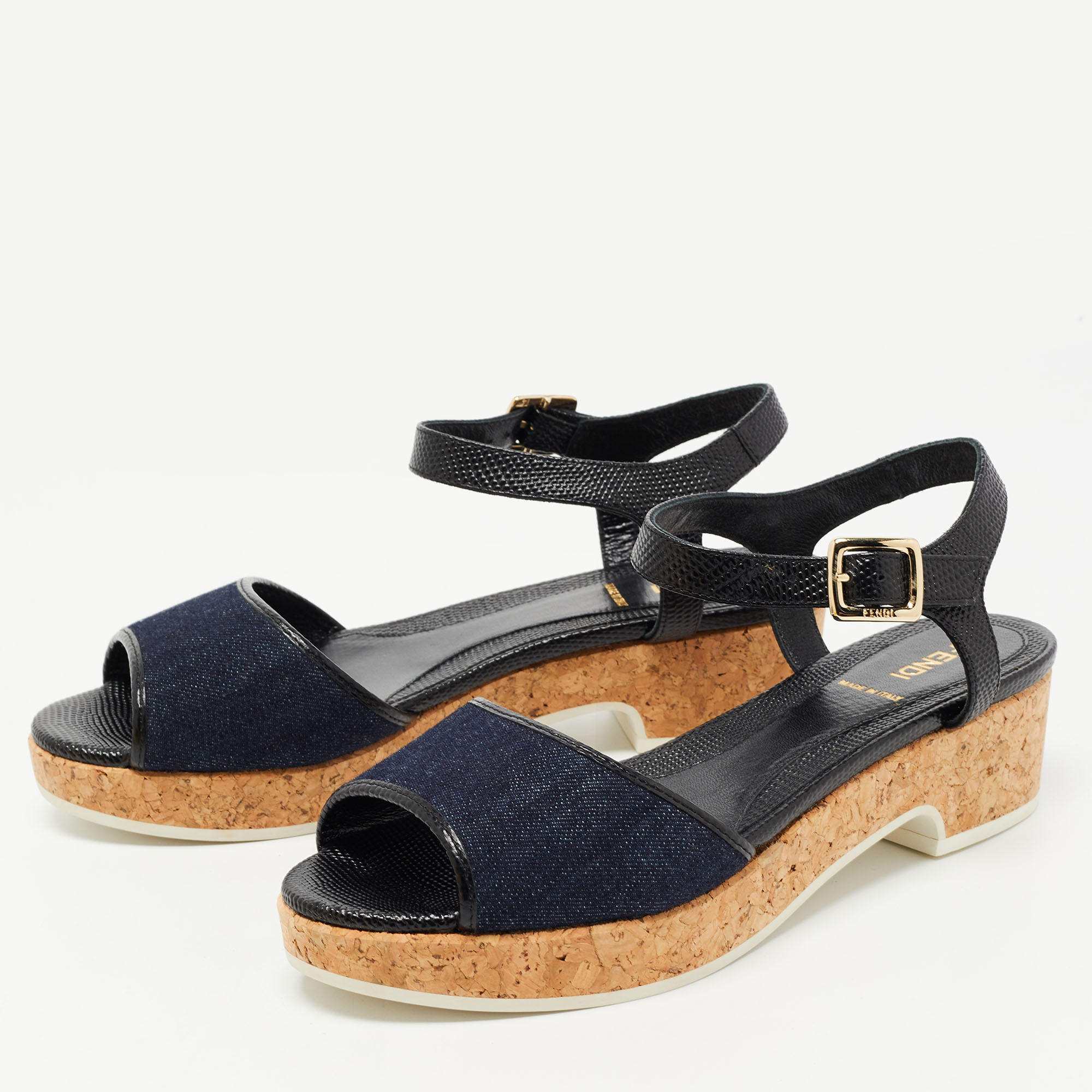 

Fendi Blue Denim and Lizard Embossed Leather Wedge Ankle Strap Sandals Size, Navy blue