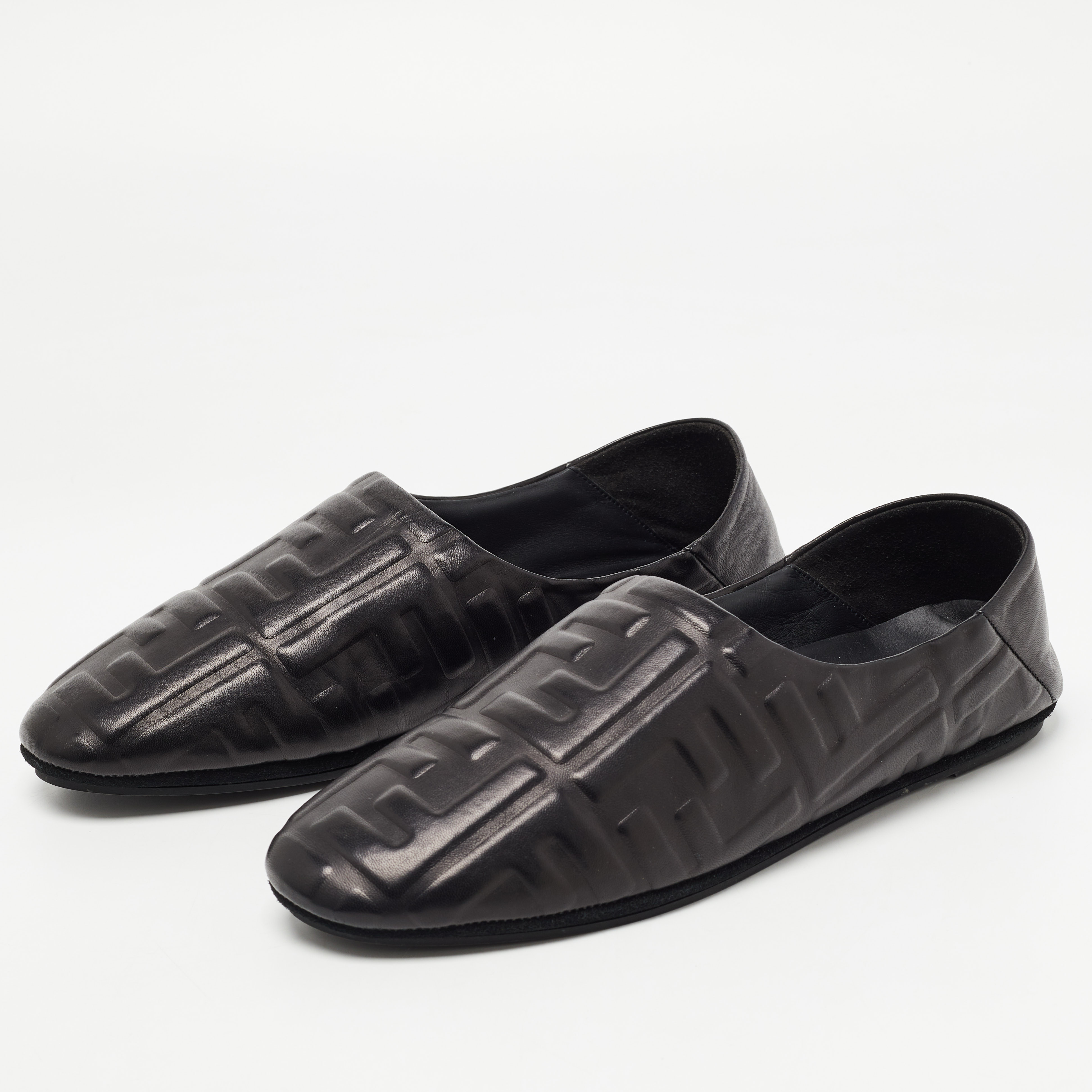 

Fendi Black FF Embossed Leather Slip On Flats Size