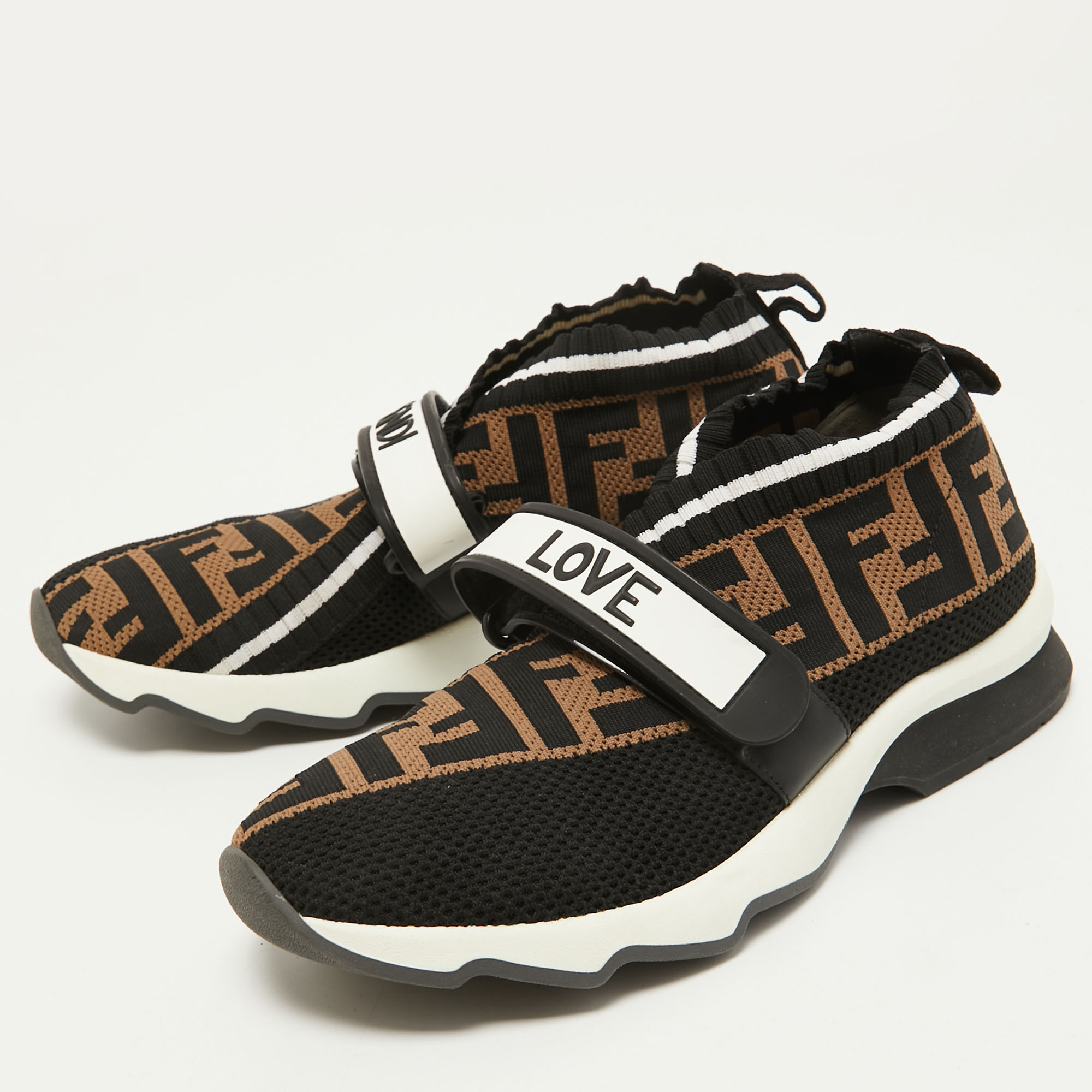 

Fendi Brown/Black Zucca Knit Fabric Rockoko Slip On Sneakers Size
