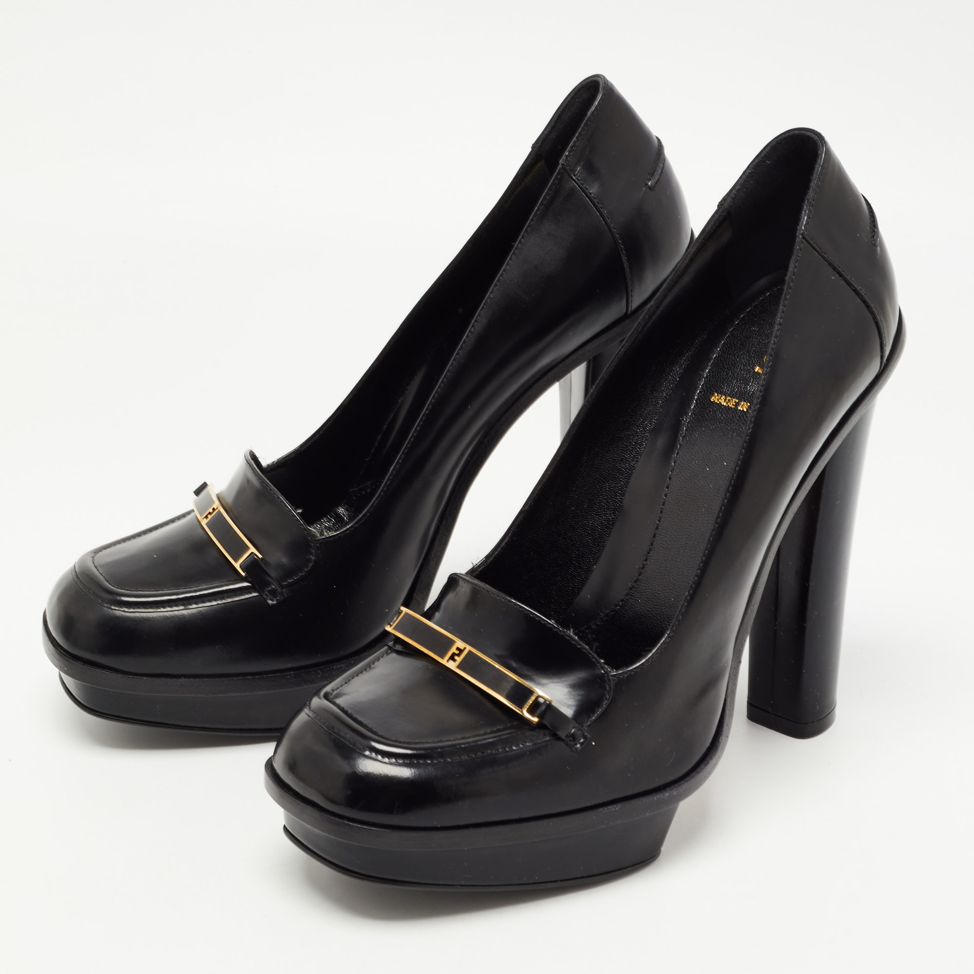 

Fendi Black Leather Logo Loafer Platform Pumps Size