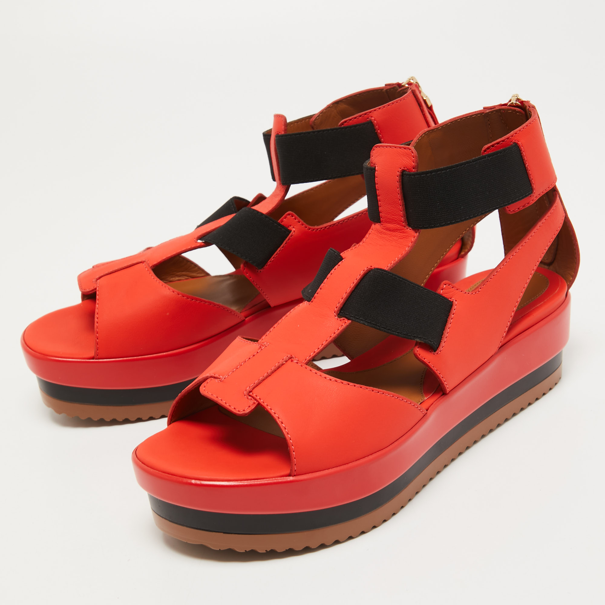 

Fendi Orange Leather Platform Wedge Sandals Size