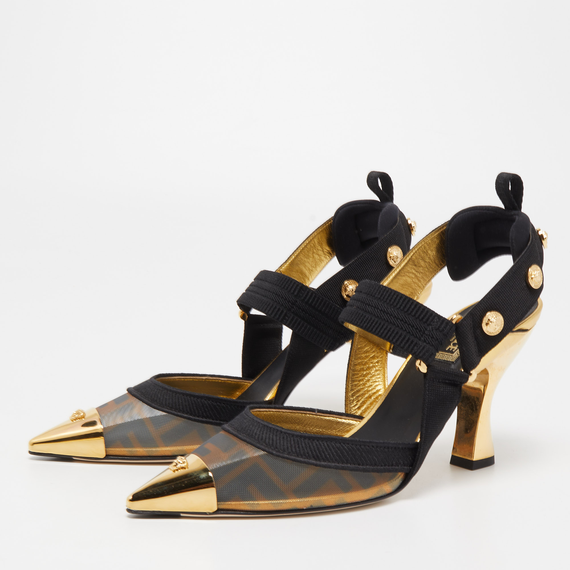 

Fendi x Versace Black/Gold Mesh and Fabric Slingback Pumps Size