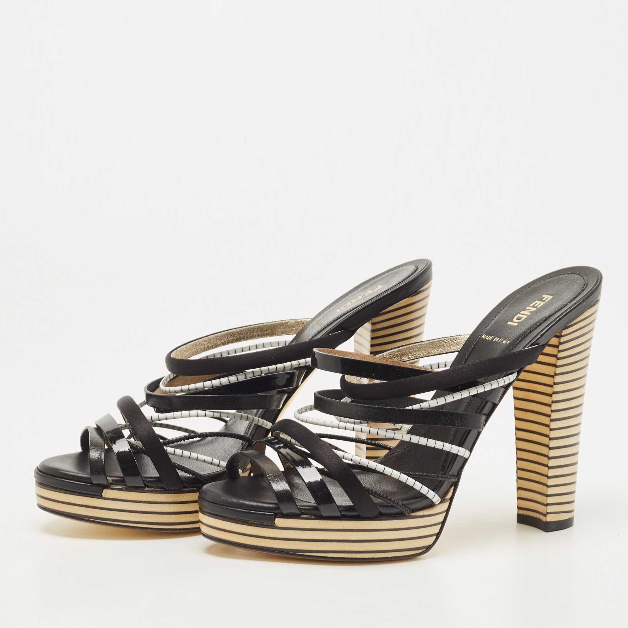 

Fendi Black Leather Strappy Platform Slide Sandals Size