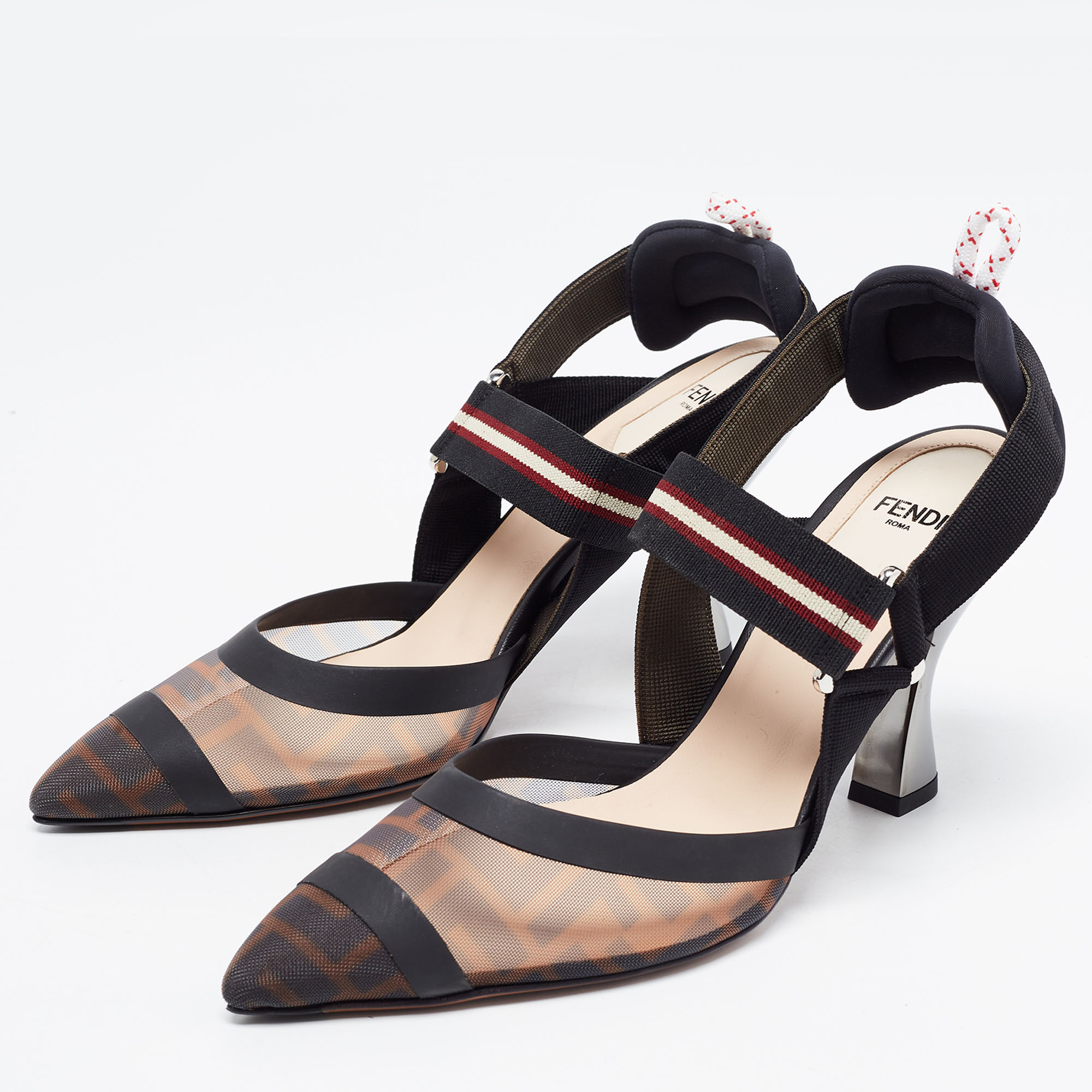 

Fendi Brown/Black Zucca Mesh and Leather Colibri Pumps Size