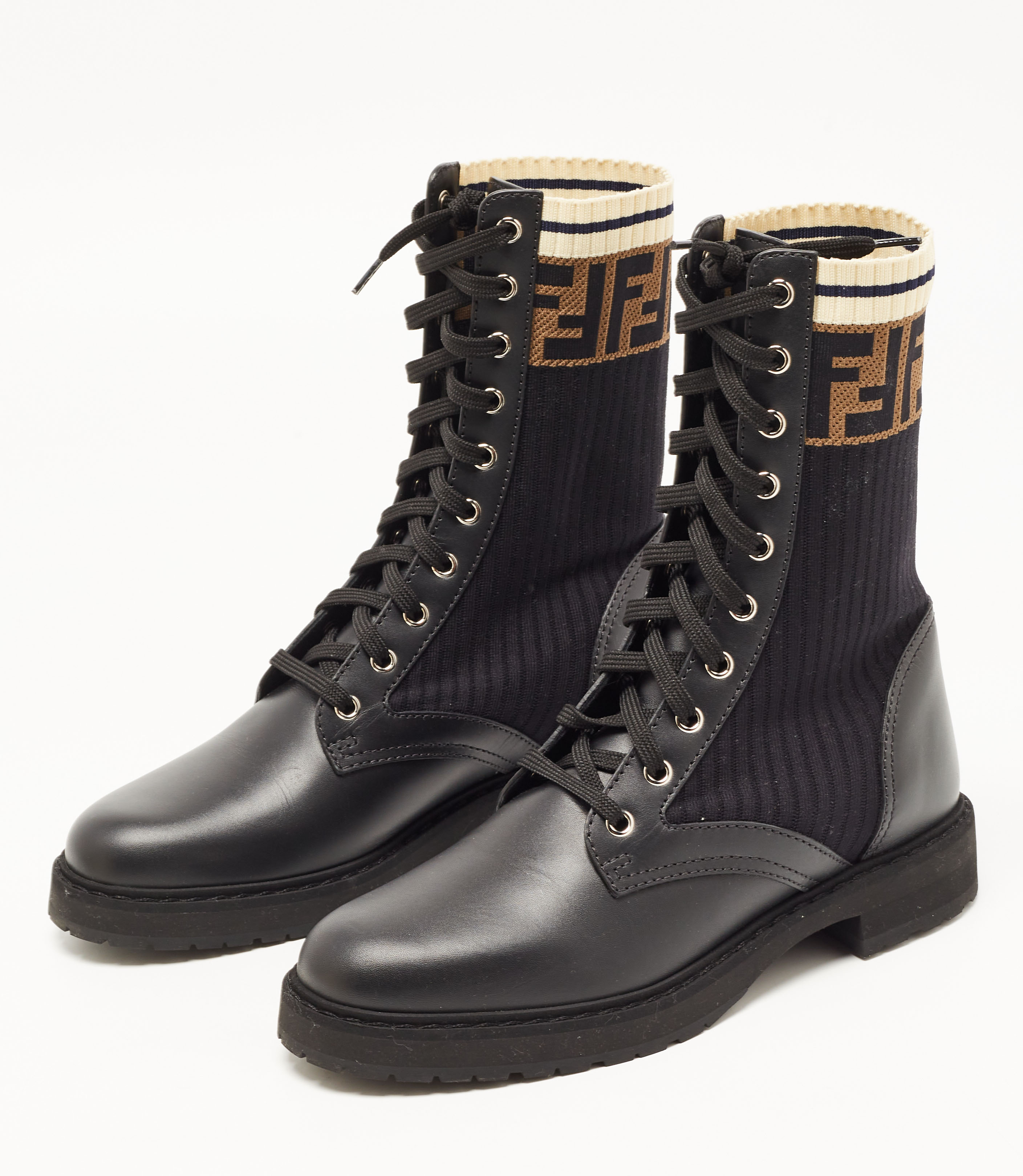 

Fendi Black Leather And FF Motif Detail Stretch Fabric Rockoko Combat Boots Size