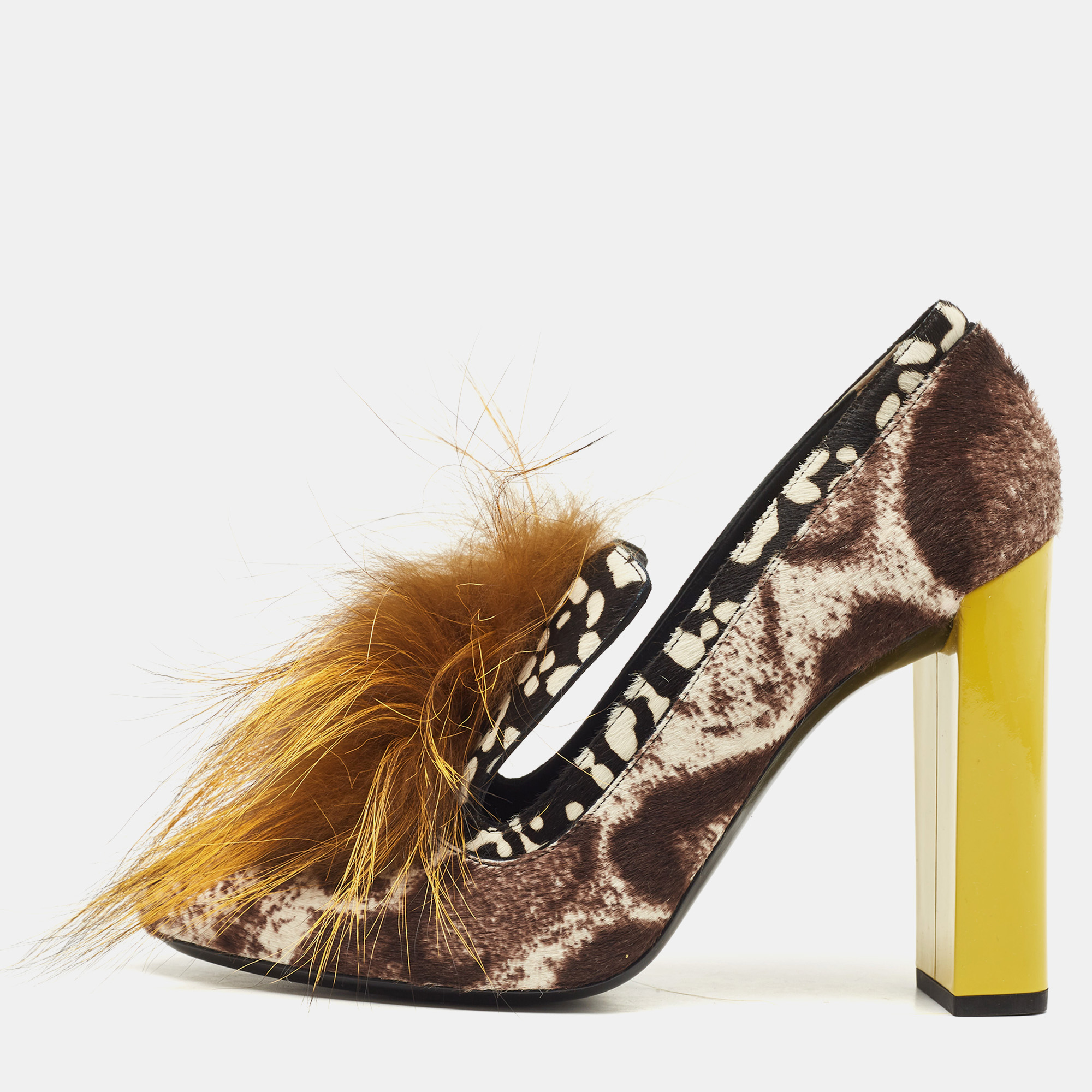 

Fendi Brown Print Calf Hair And Fox Fur Block Heel Pumps Size