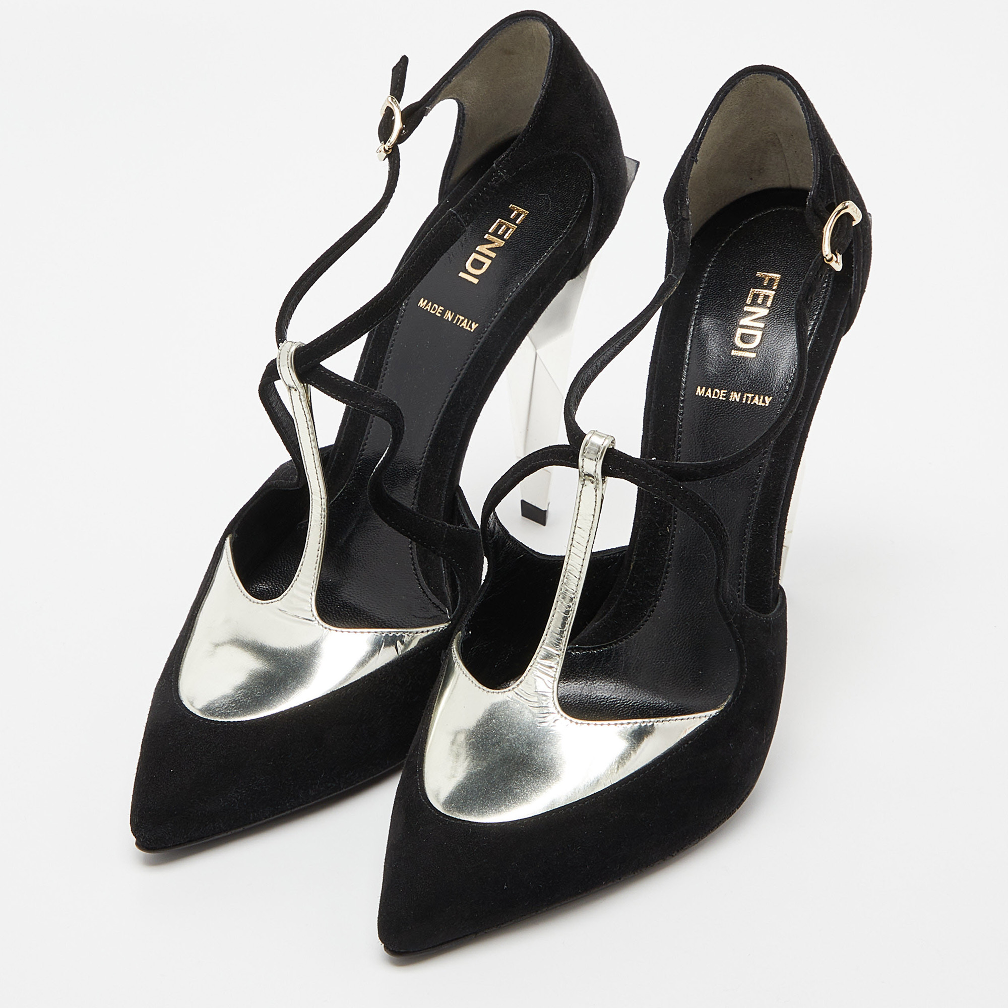 

Fendi Black/Silver Suede and Leather Ankle Strap Pumps Size