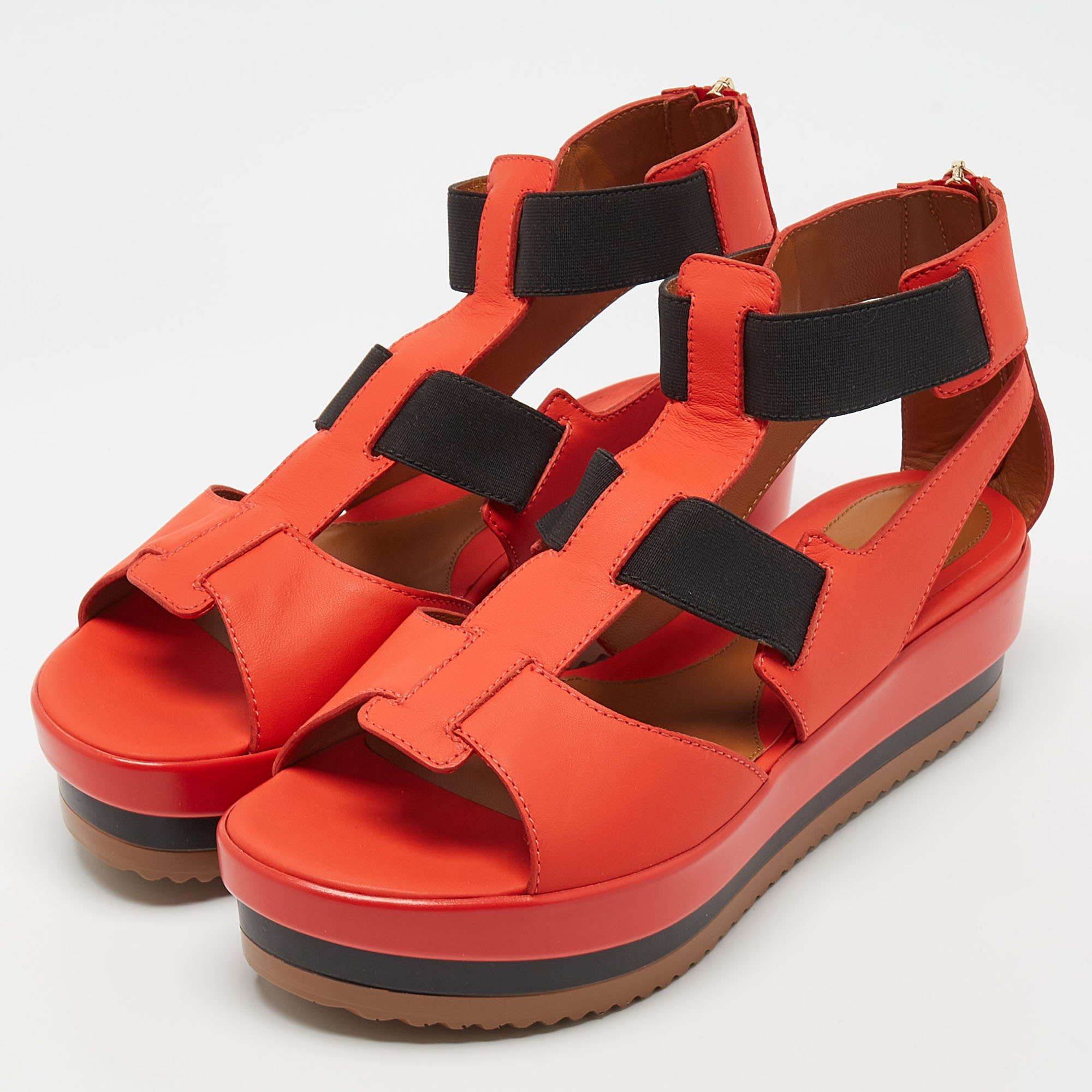 

Fendi Red/Black Leather and Elastic Strappy Platform Sandals Size