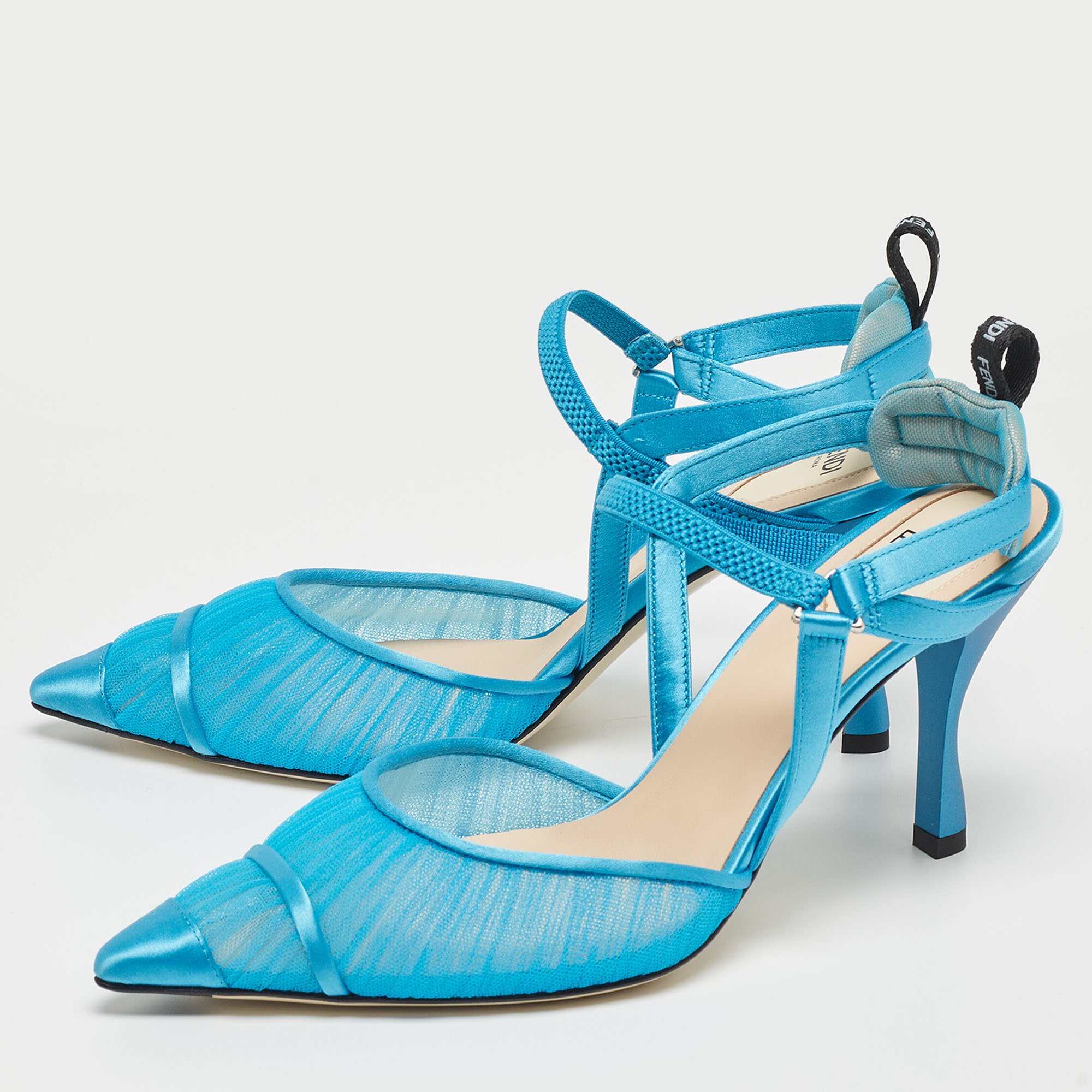 

Fendi Blue Tulle and Satin Colibri Lite Slingback Pumps Size
