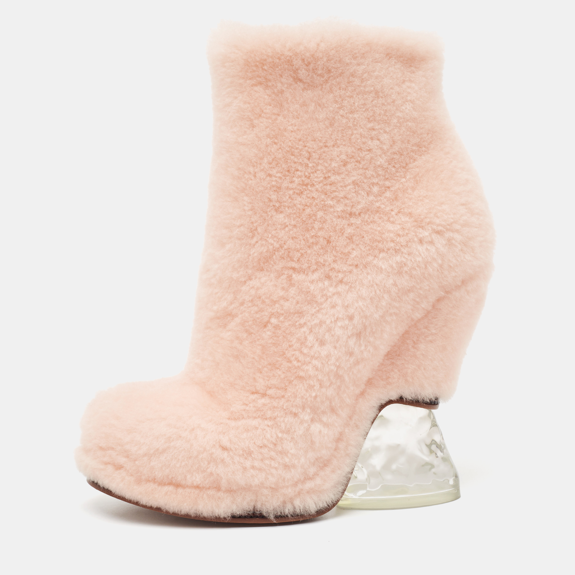 Pre-owned Fendi Light Pink Shearling Ice Heel Ankle Boots Size 38