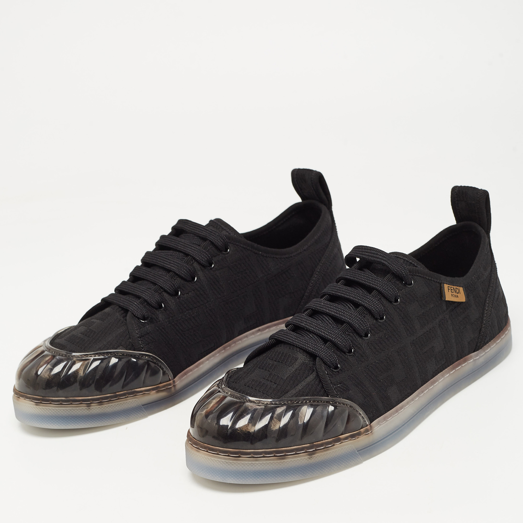 

Fendi Black Canvas And PVC FF Logo Low-Top Sneakers Size
