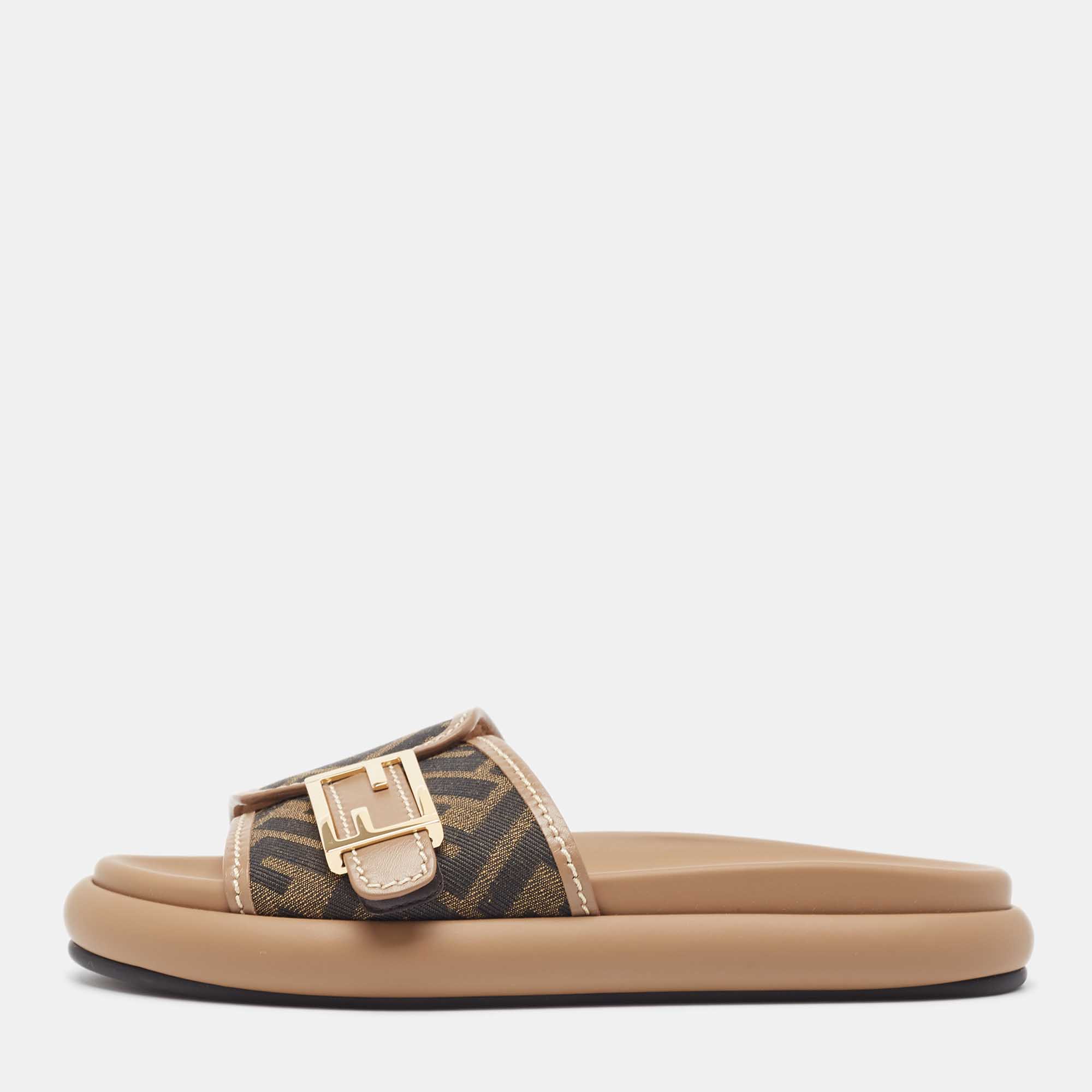 Pre-owned Fendi Brown Zucca Canvas Ff Buckle Slides Size 36