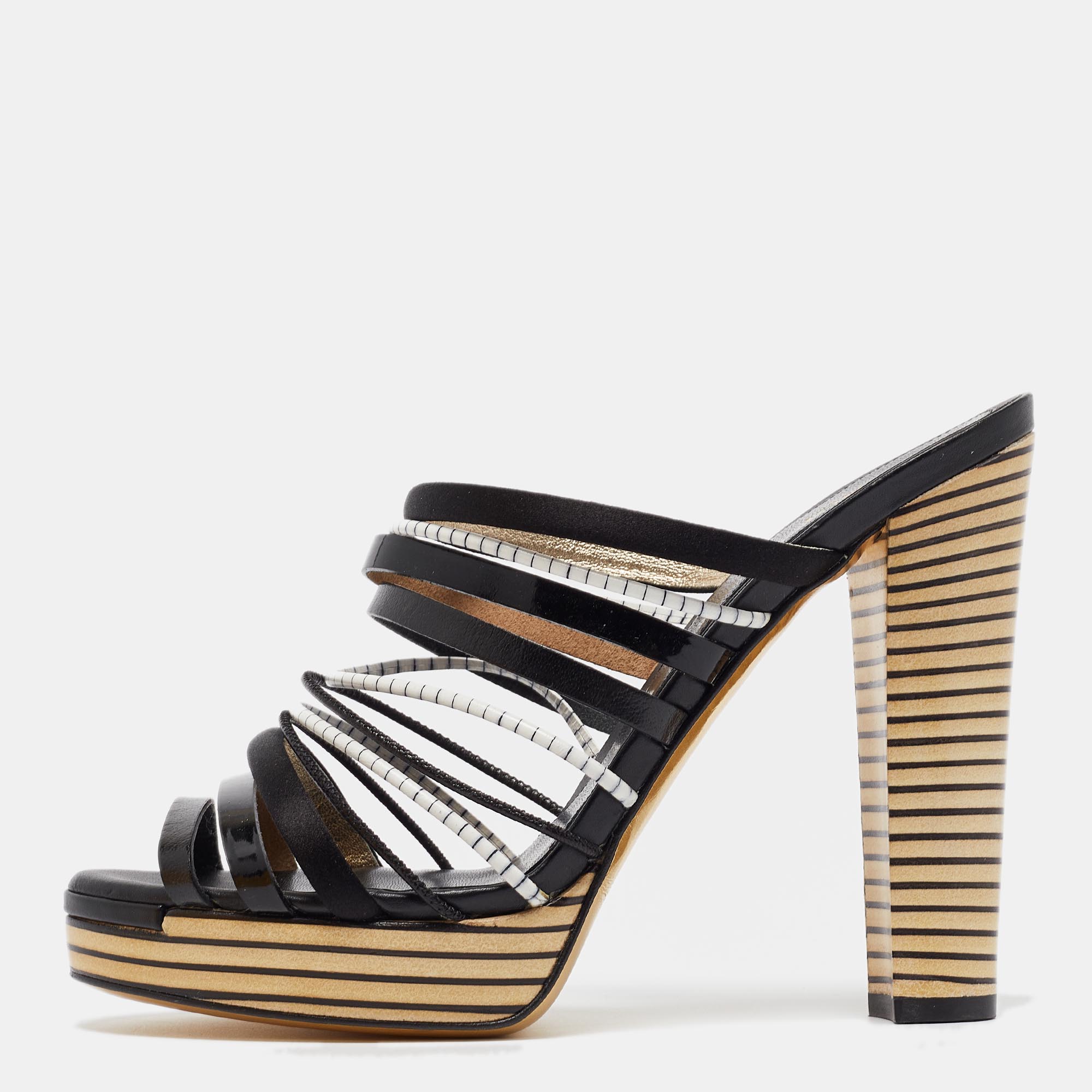 

Fendi Black Leather Strappy Platform Slide Sandals Size