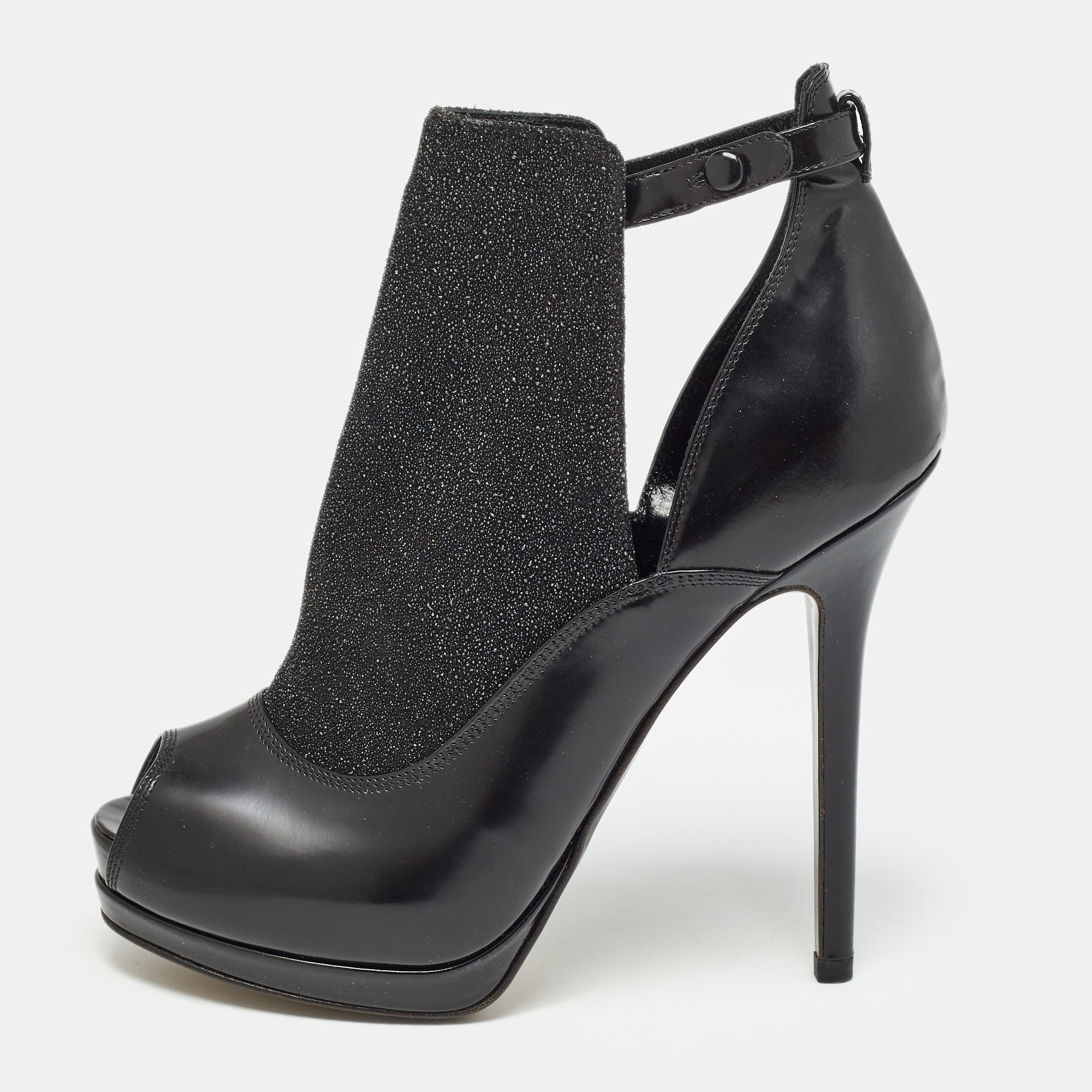 

Fendi Black Leather and Glitter Platform Peep Toe Ankle Length Booties Size