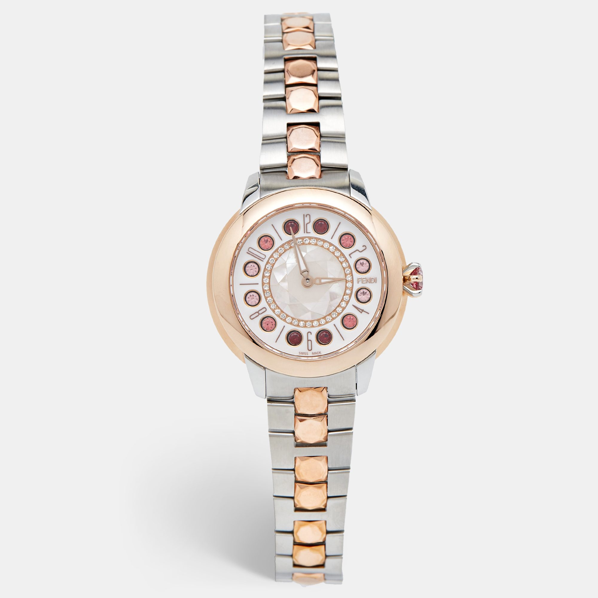 

Fendi Mother of Pearl Diamond Topaz Two-Tone Stainless Steel IShine F121224500D2T01 Women's Wristwatch, Multicolor