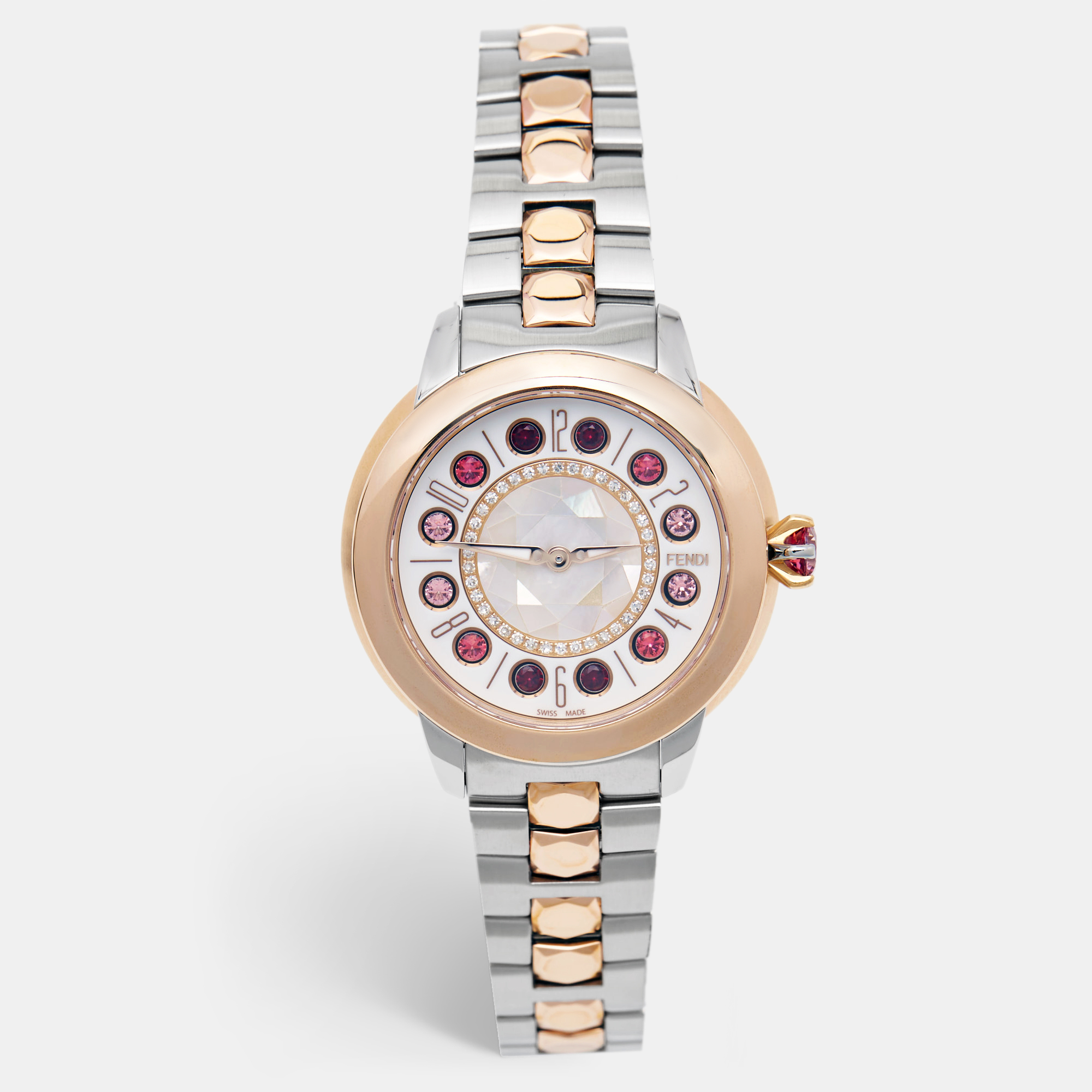 

Fendi Mother of Pearl Diamond Spinel Topaz Two-Tone Stainless Steel IShine F121224500D2T01 Women's Wristwatch, Silver