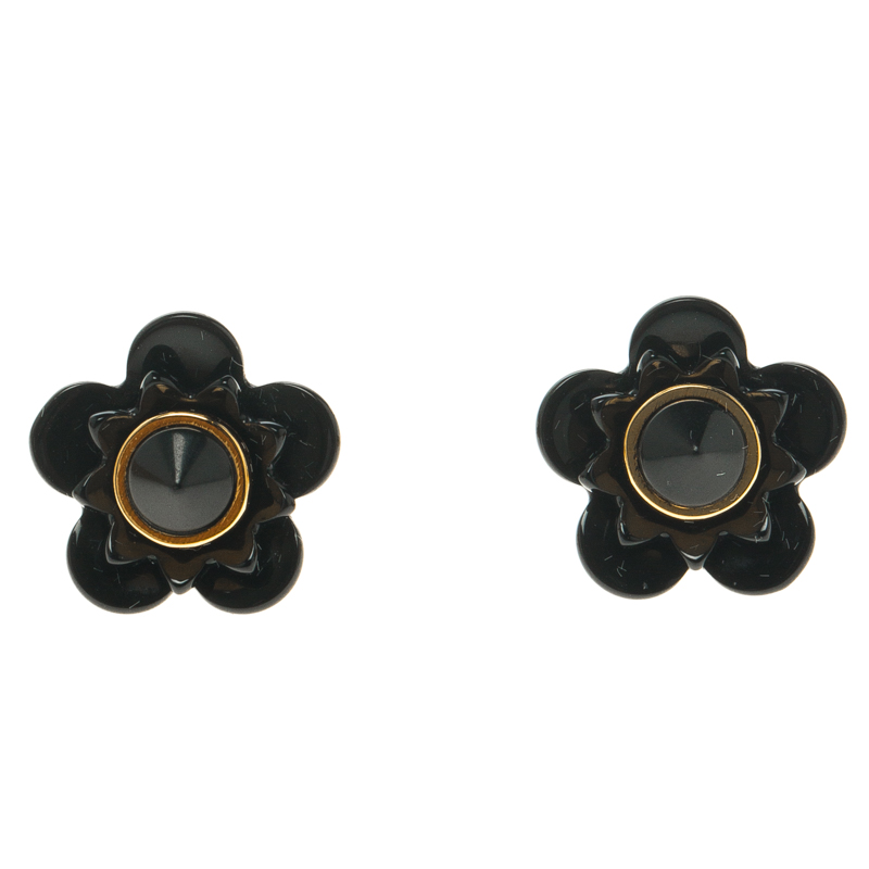 Pre Owned Fendi Blossom Black Resin & Gold Tone Flower Stud Earrings