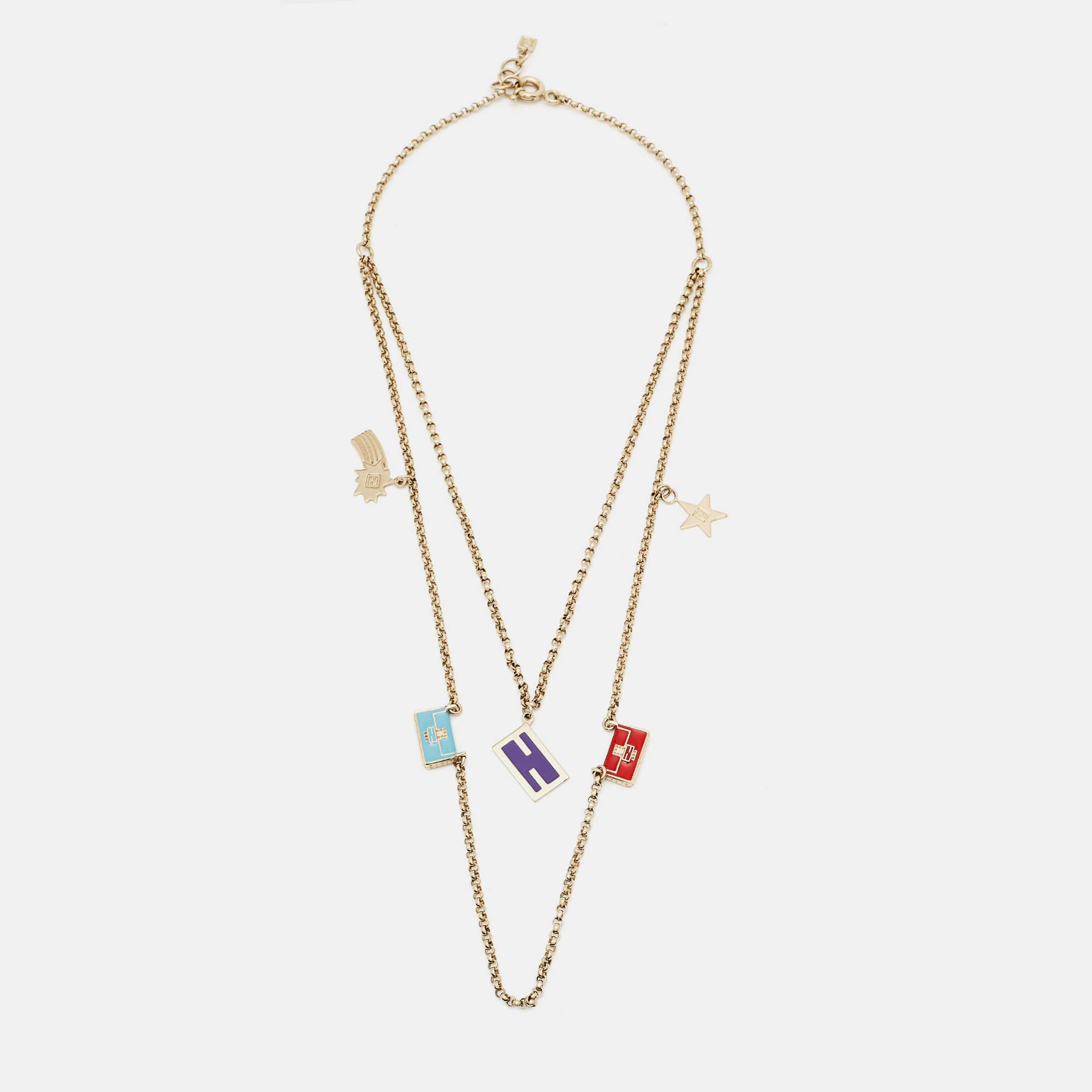 Pre-owned Fendi Ff Multi Charm Enamel Gold Tone Necklace