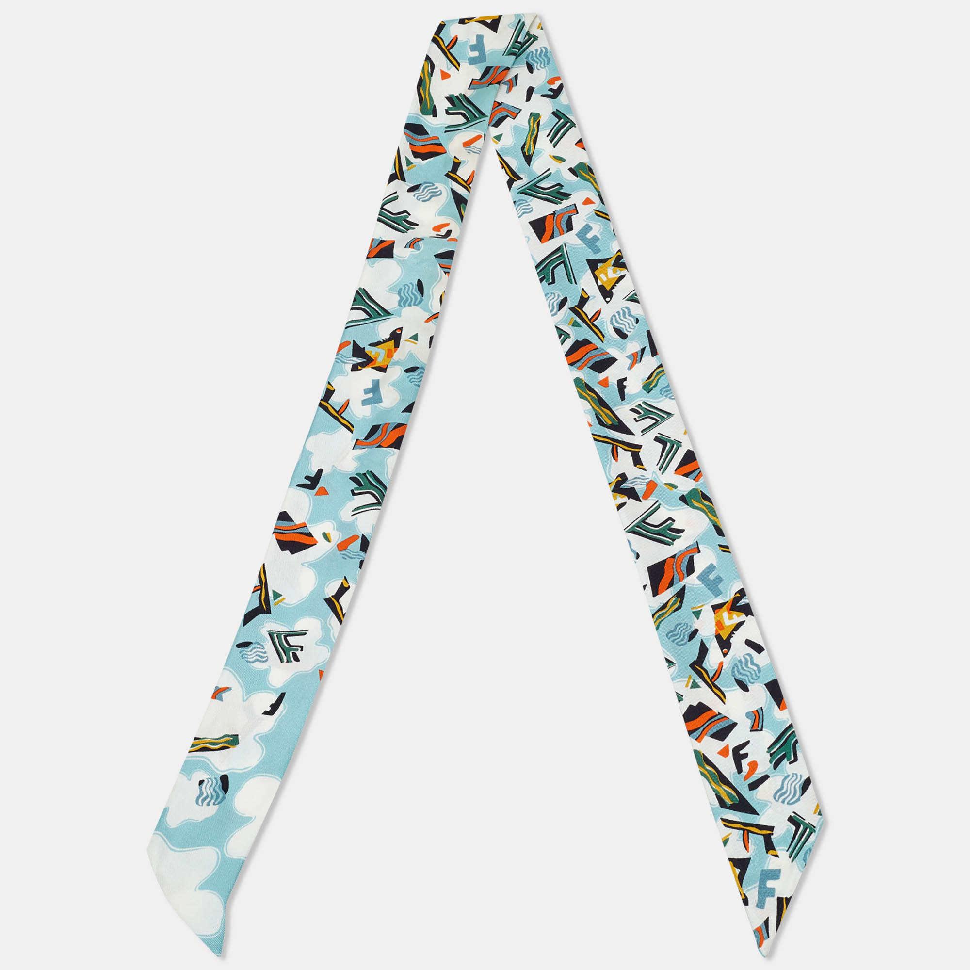 Pre-owned Fendi Teal Blue Printed Silk Bandeau Scarf