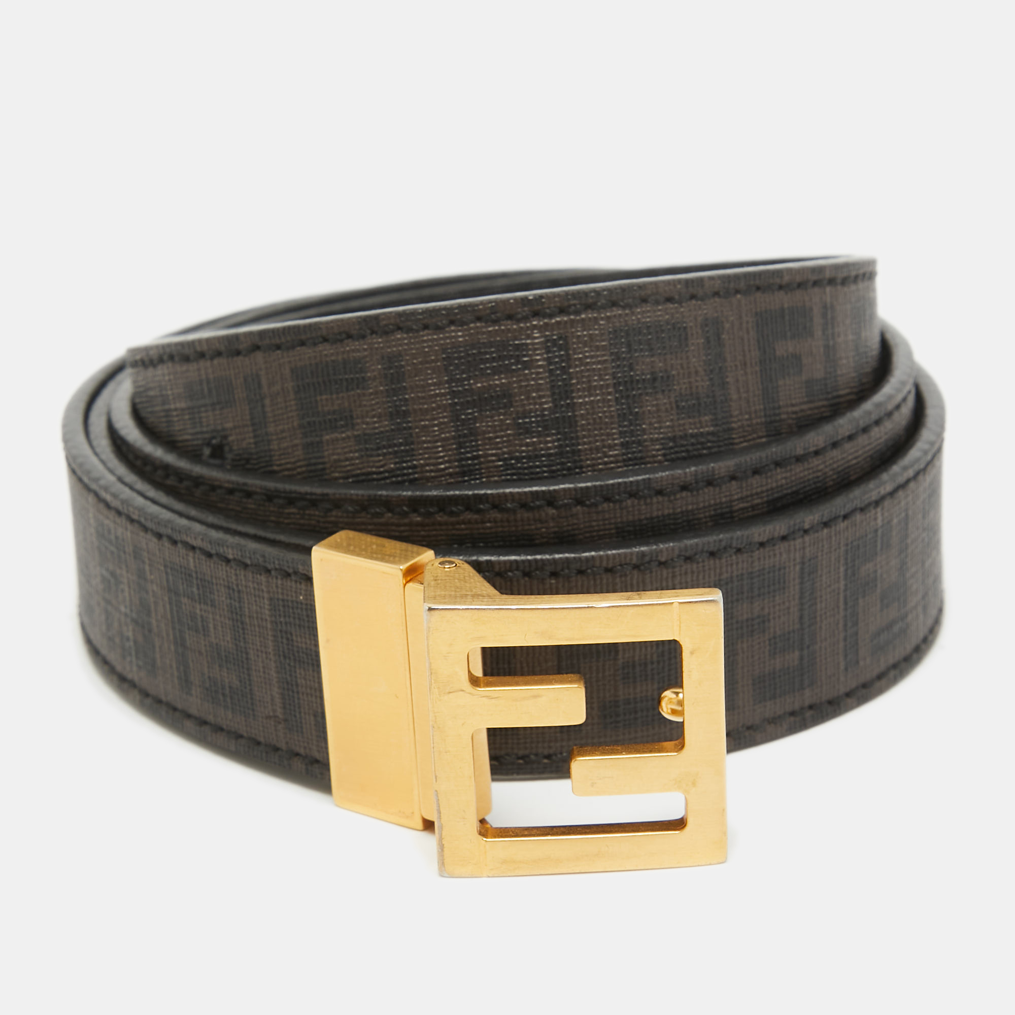 

Fendi Tobacco/Black Zucchino Coated Canvas FF Buckle Reversible Cut to Size Belt, Brown