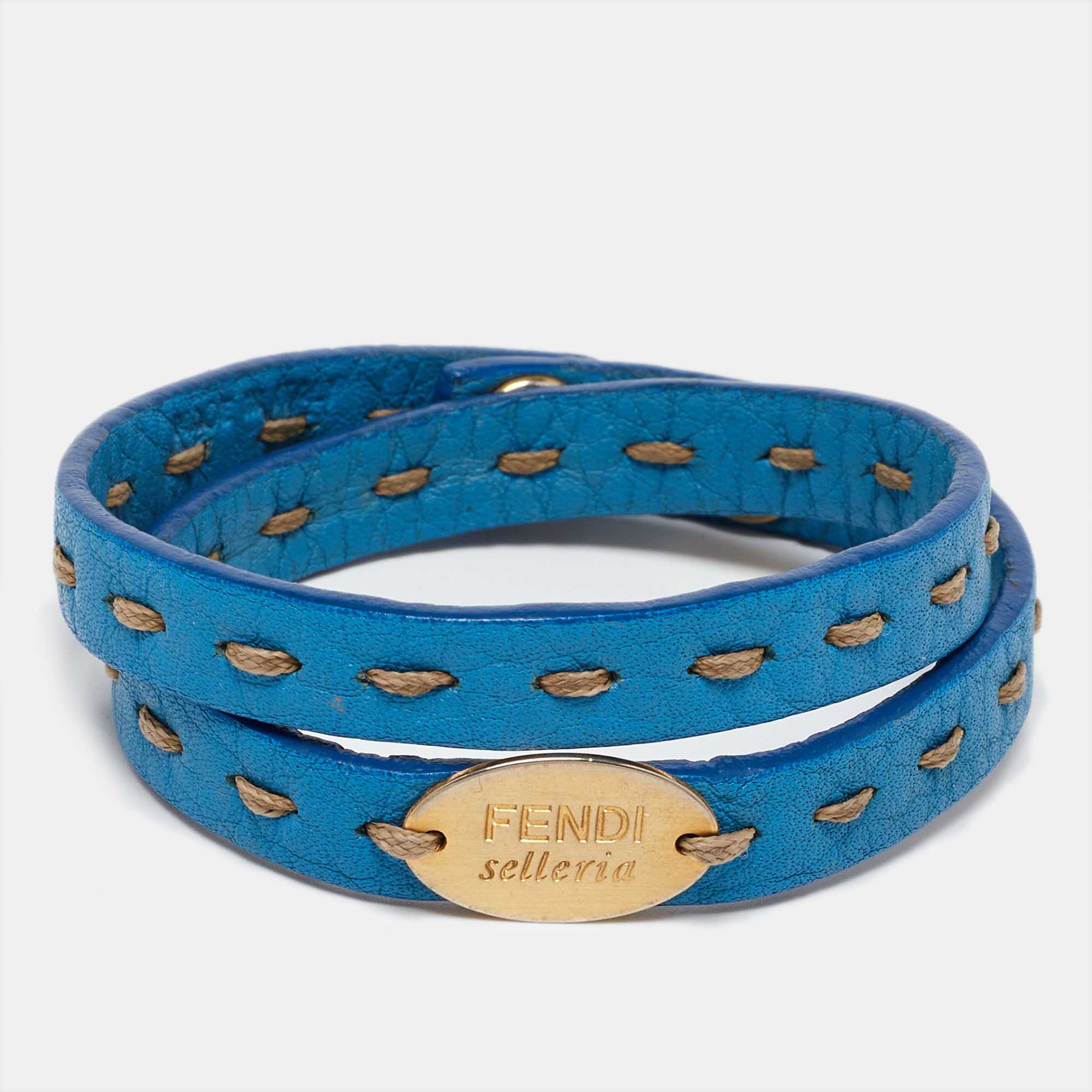 

Fendi Selleria Blue Leather Double Wrap Bracelet, Brown