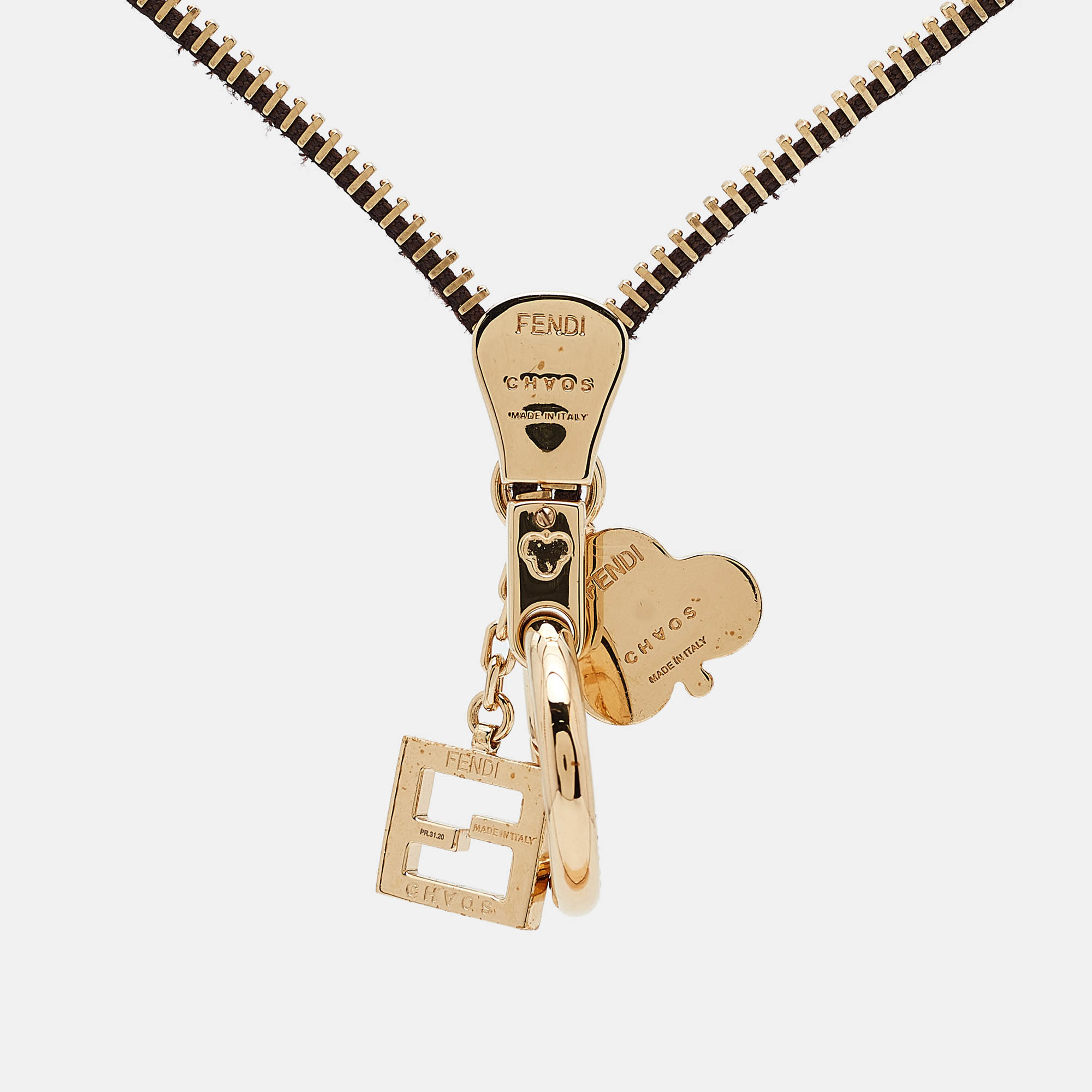 

Fendi x Chaos ZIpper Fabric Gold Tone Keyring Necklace