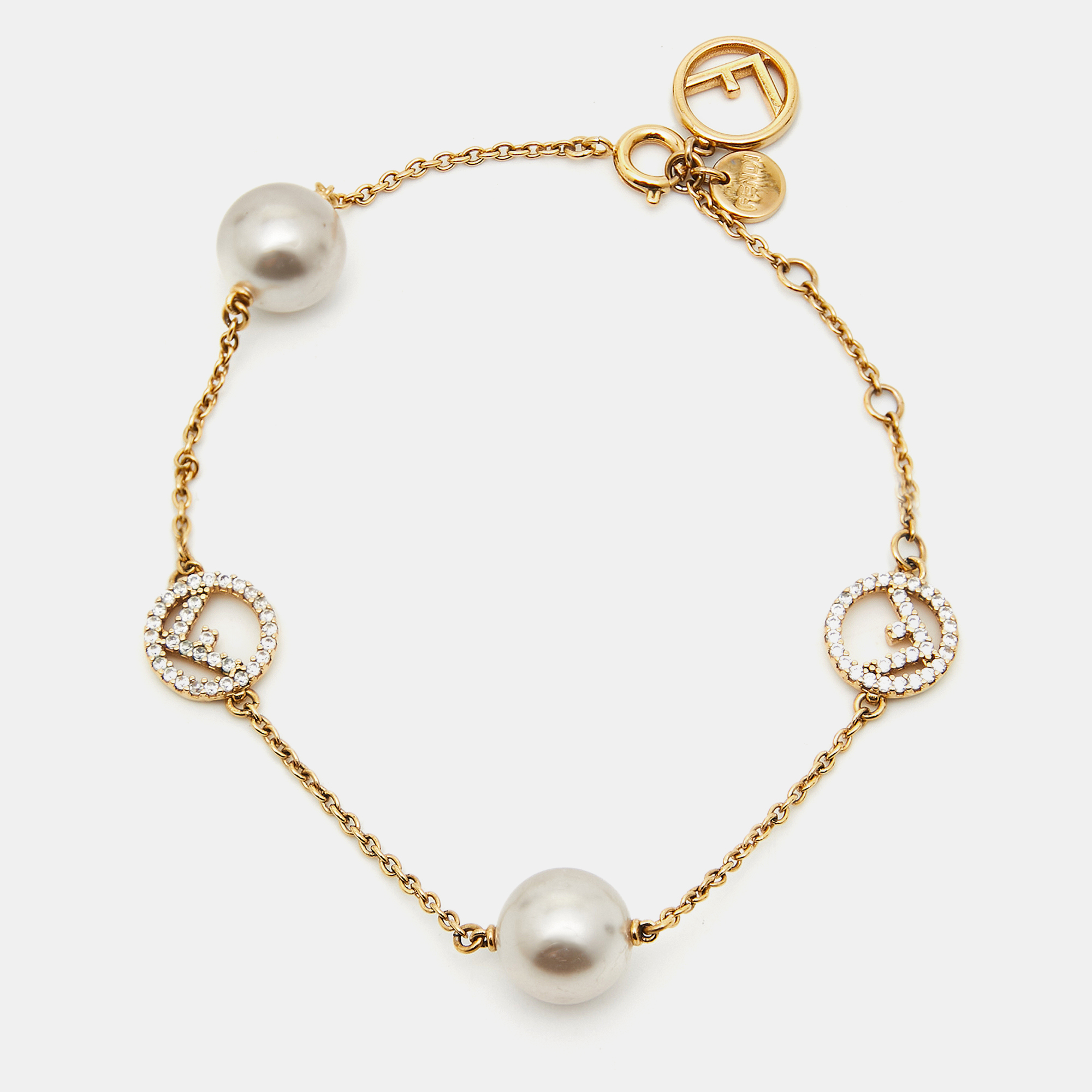 Pre-owned Fendi Faux Pearl Crystal Gold Tone Station Bracelet