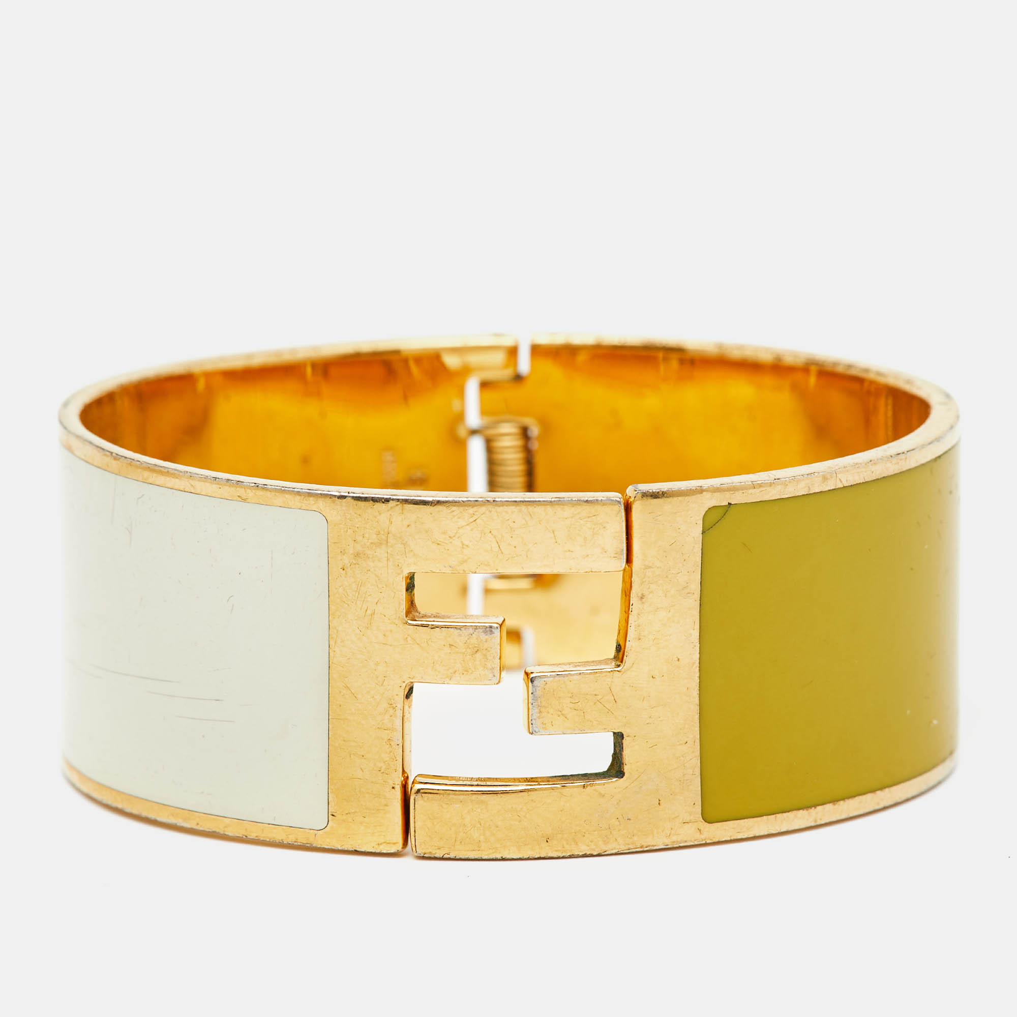 

Fendi Fendista Bi-color Yellow/White Enamel Gold Tone Wide Bracelet