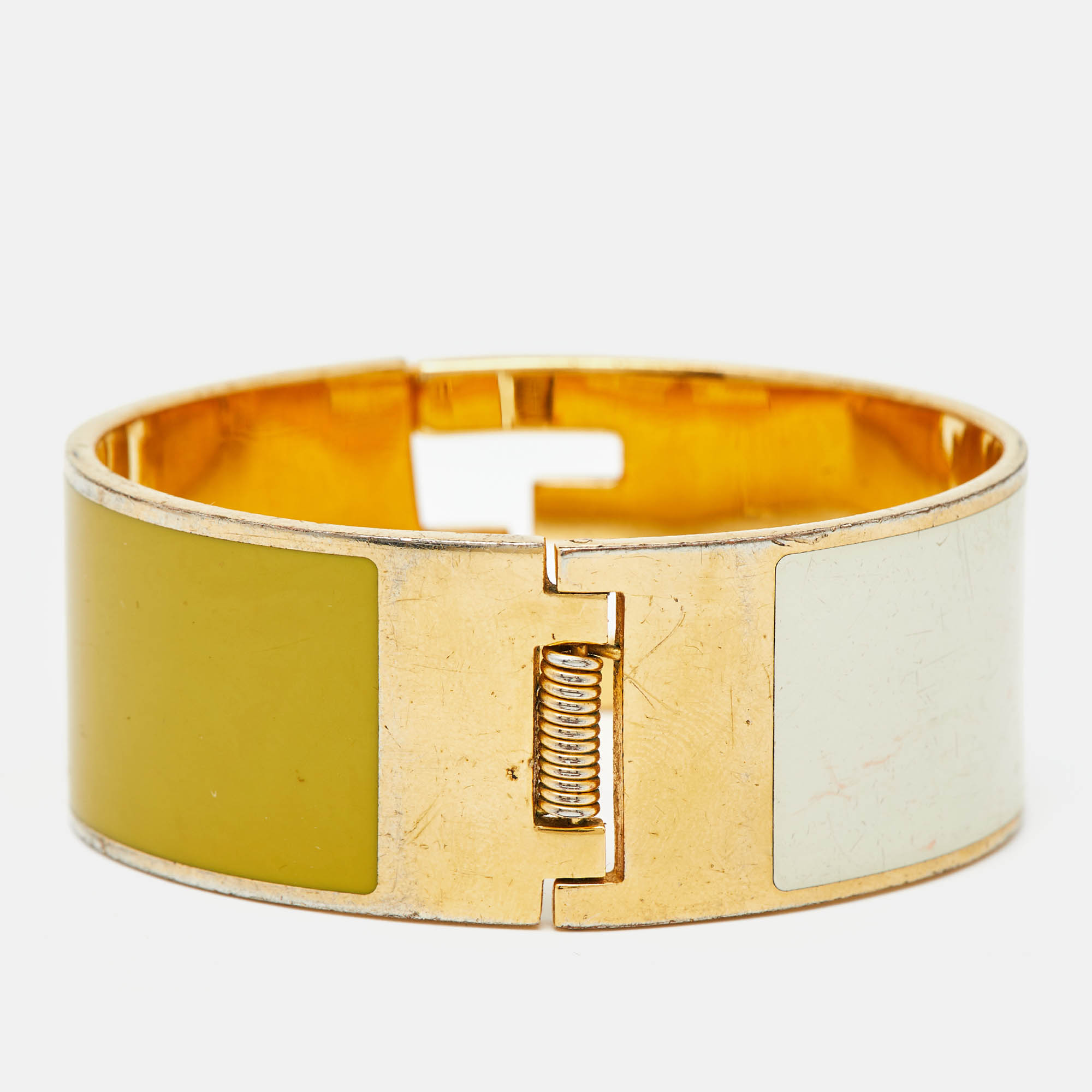Fendi Fendista Bi-color Yellow/White Enamel Gold Tone Wide Bracelet M 