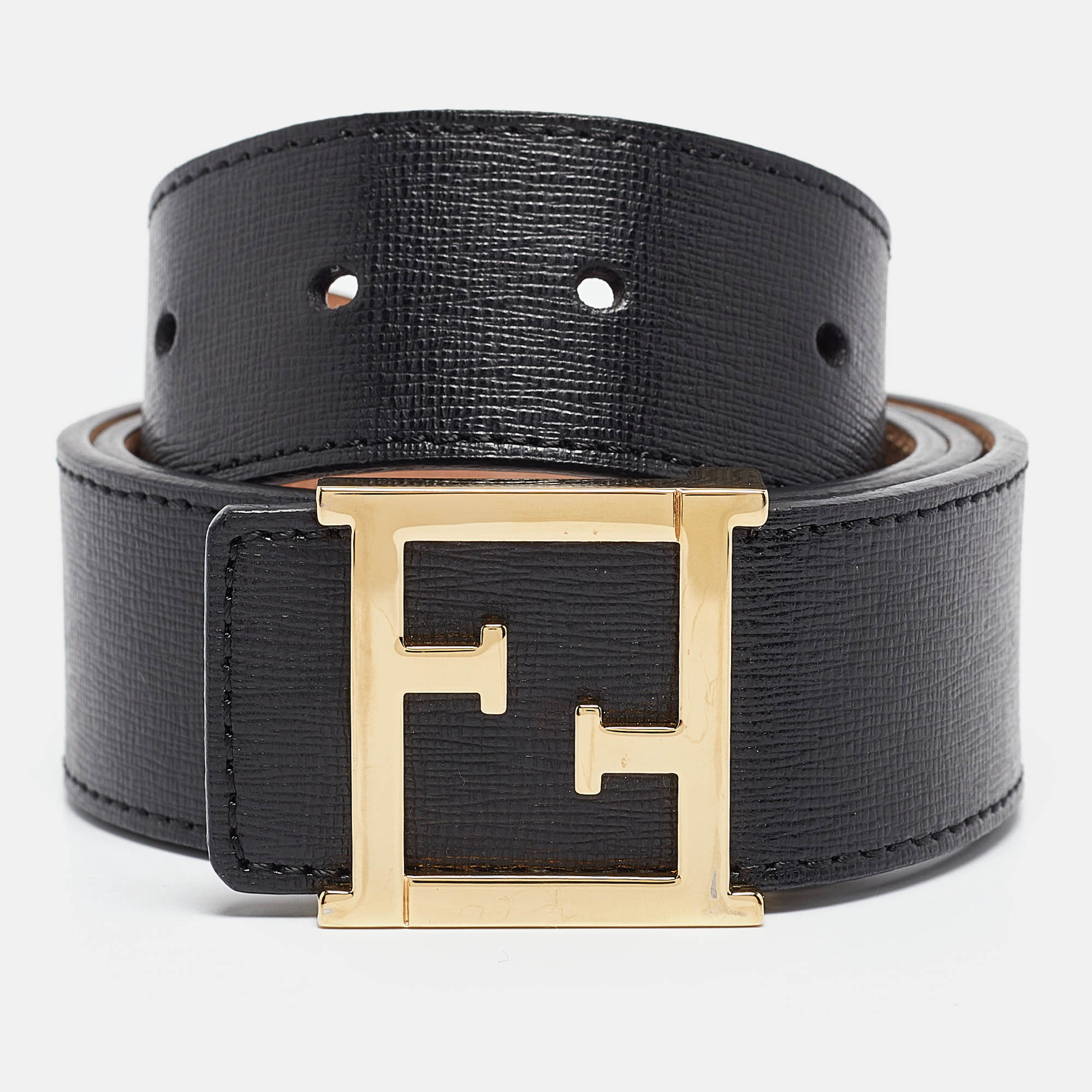 

Fendi Black Leather FF Logo Buckle Belt 80CM