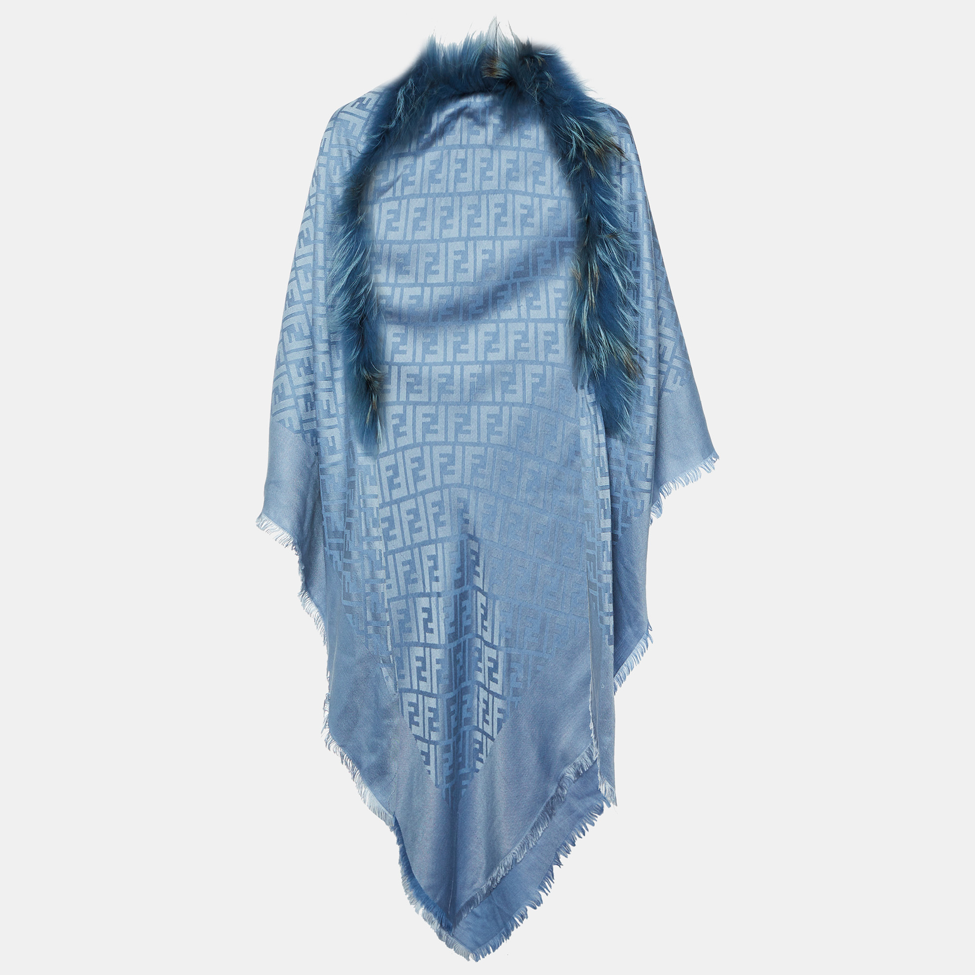 

Fendi Blue Touch of Fur FF Jacquard Silk & Wool Shawl