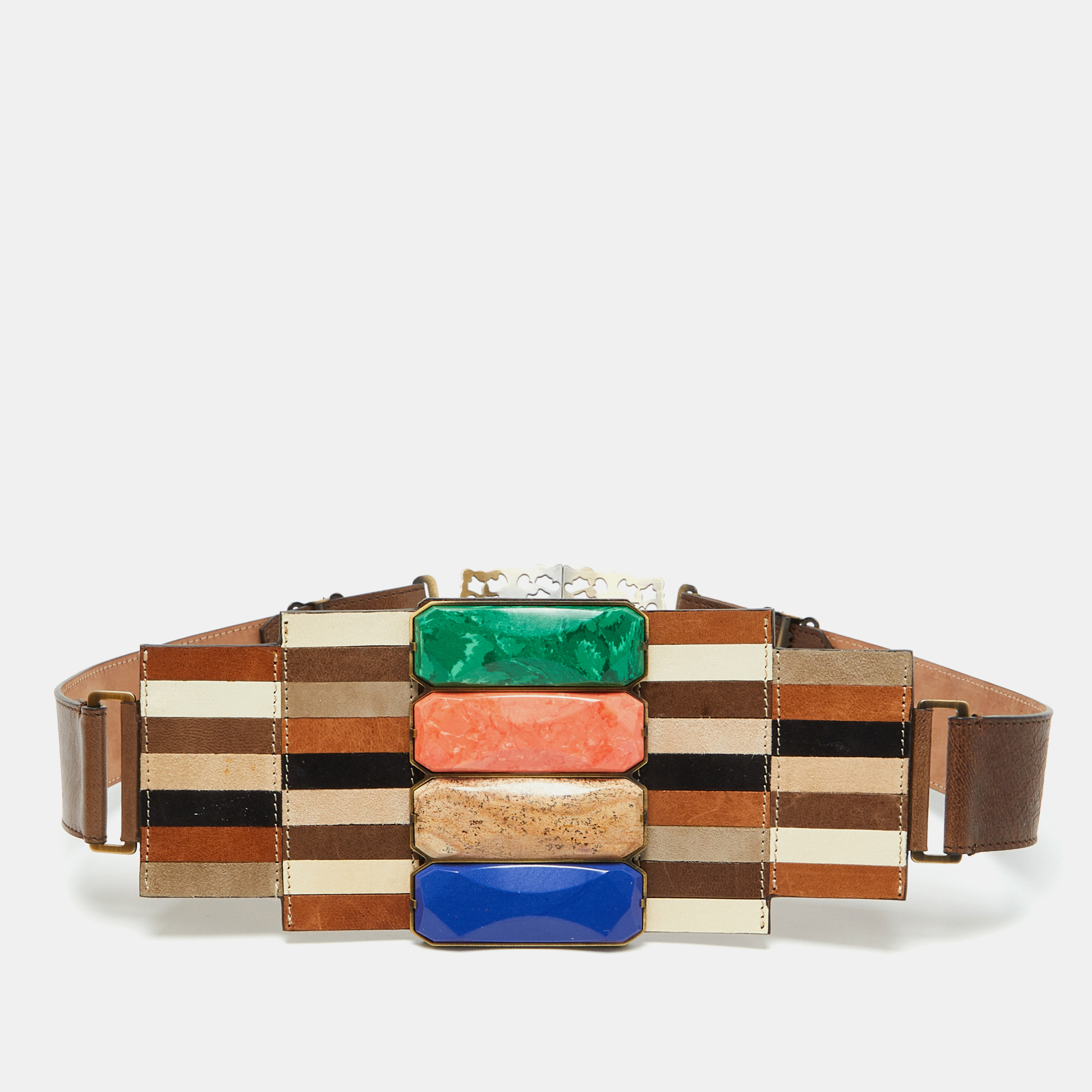 

Fendi Brown Leather Mosaic Lapis Statement Belt, Multicolor