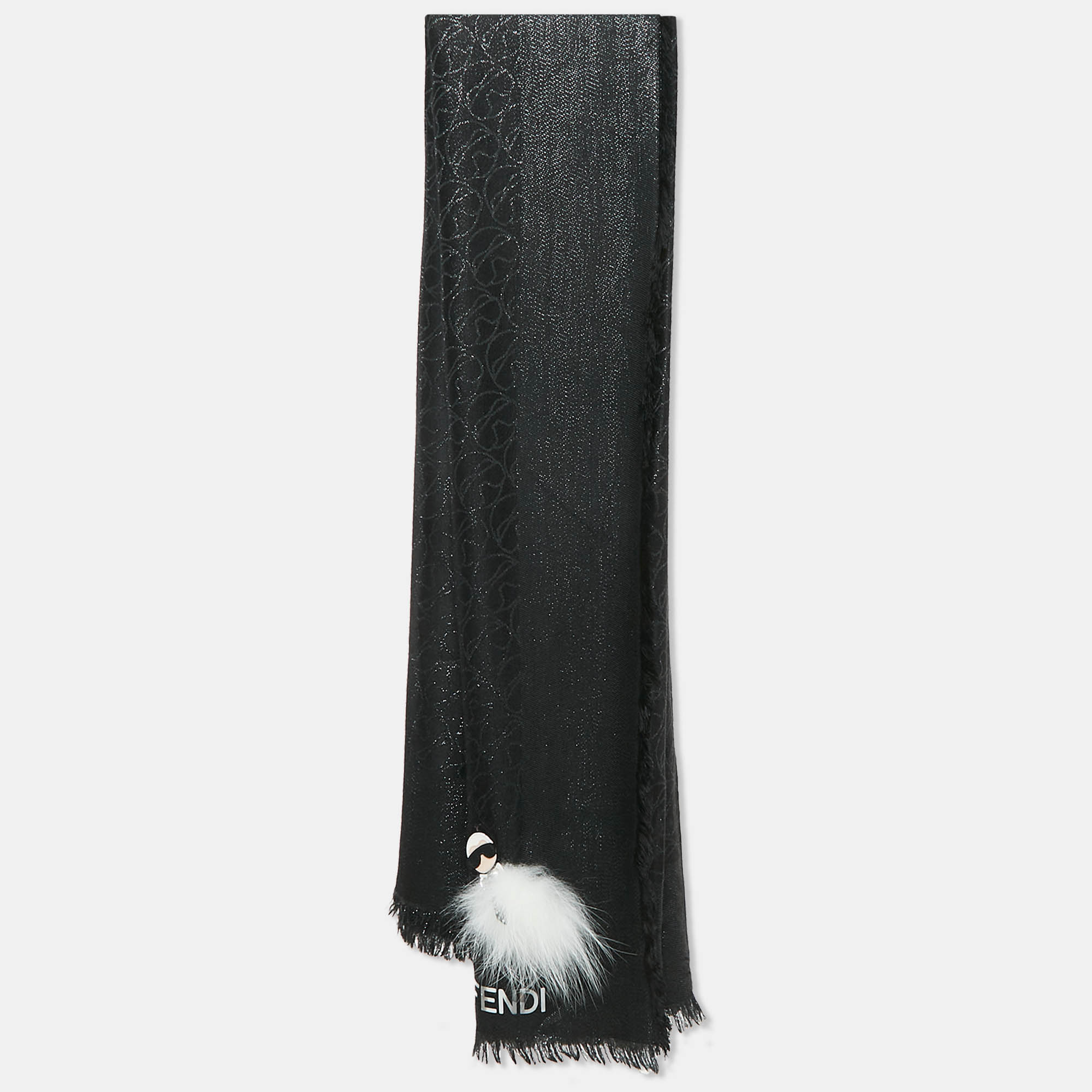 

Fendi Black Karlito Fox Fur Applique Silk and Wool Shawl