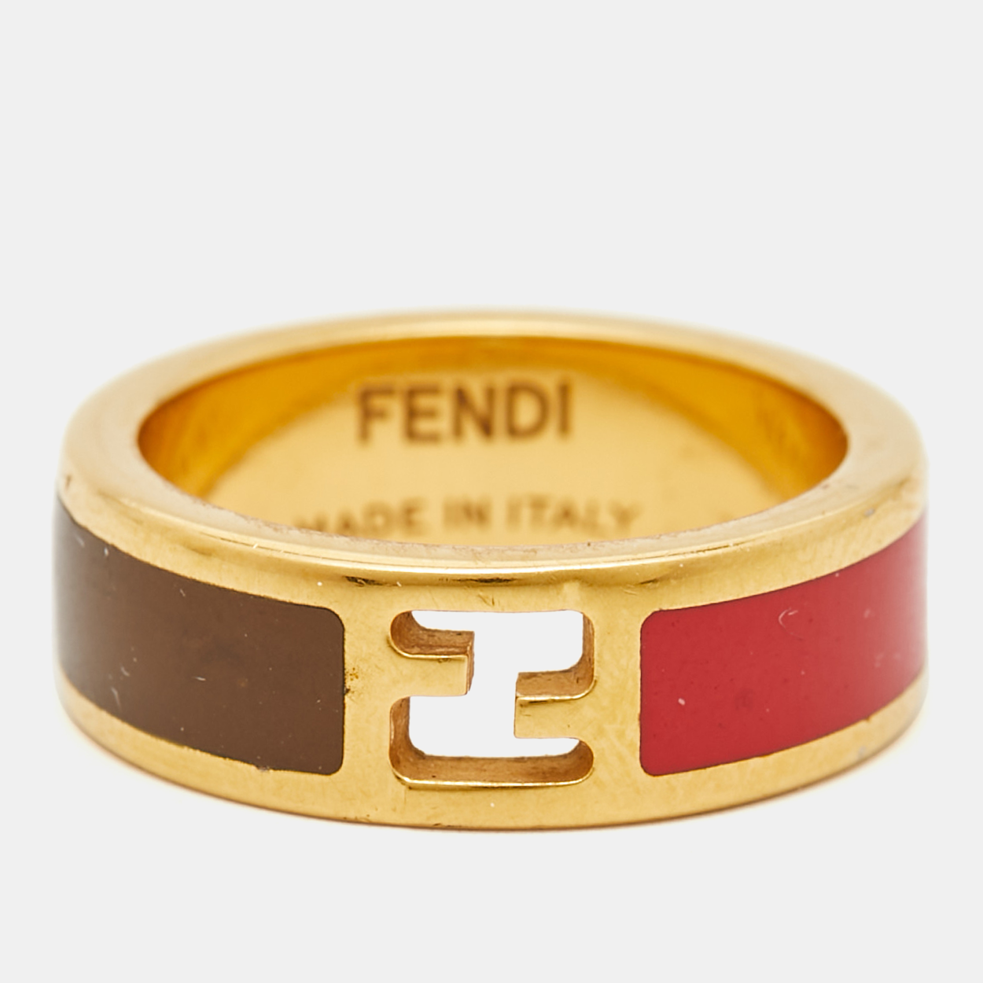 Fendi Fendista Bi-color Enamel Gold Tone Band Ring Size 50 