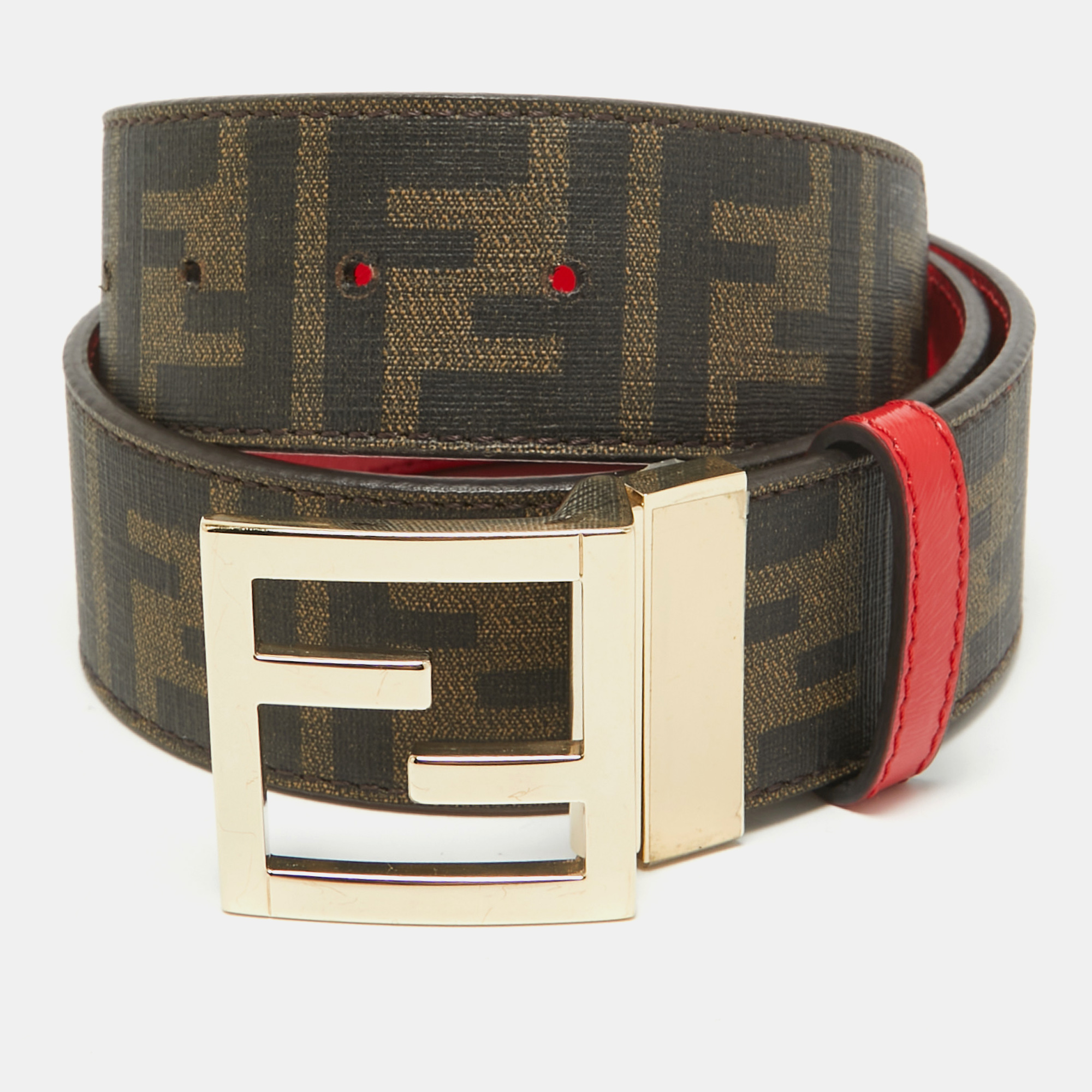 

Fendi Brown/Red Zucca Coated Canvas and Patent Leather FF Logo Belt