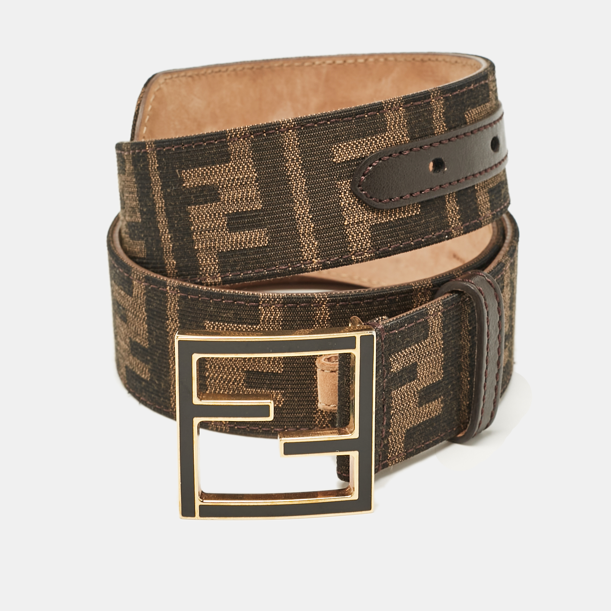 

Fendi Tobacco Zucca canvas and Leather FF Buckle Belt 80CM, Brown