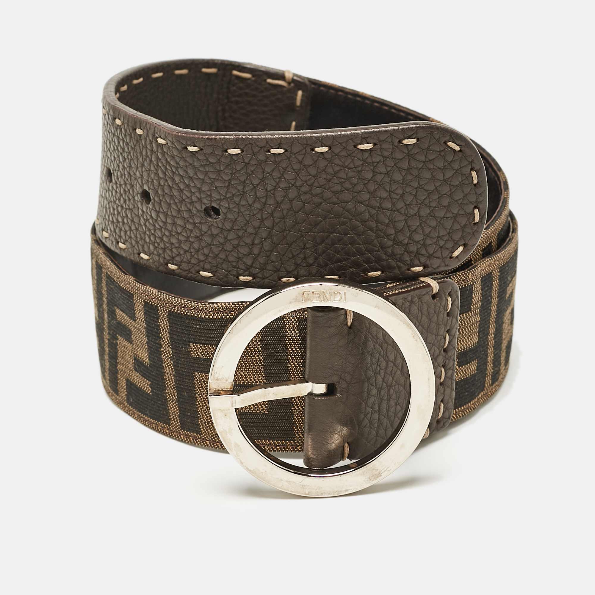 

Fendi Tobacco Zucca Canvas and Leather Round Buckle Belt 80CM, Brown