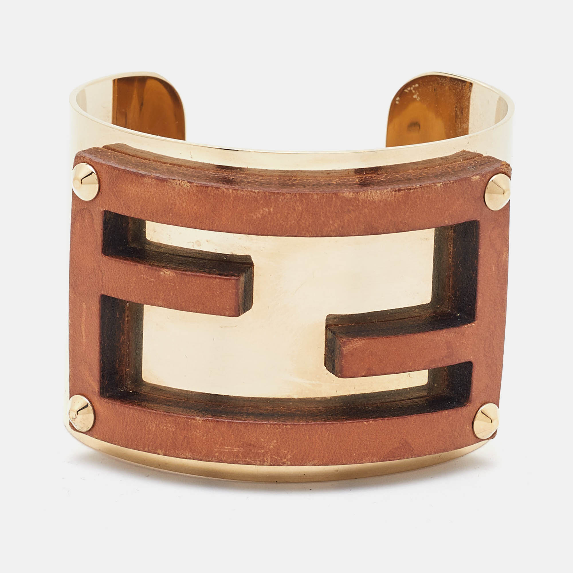 

Fendi Zucca Leather Gold Tone Open Cuff Bracelet