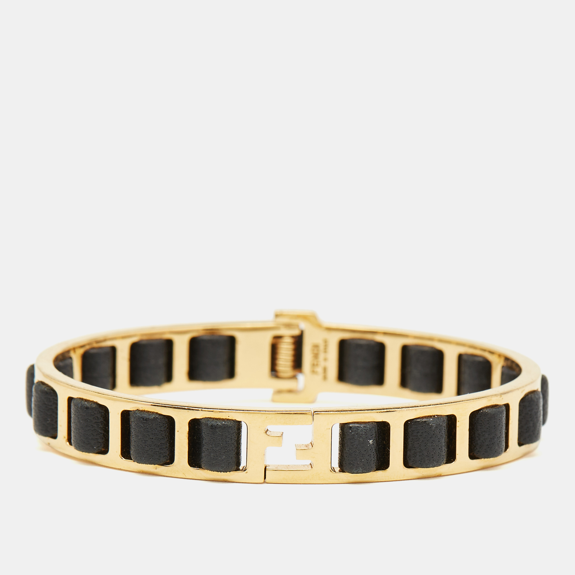 

Fendi Black Leather Interwoven Gold Tone Cuff Bracelet