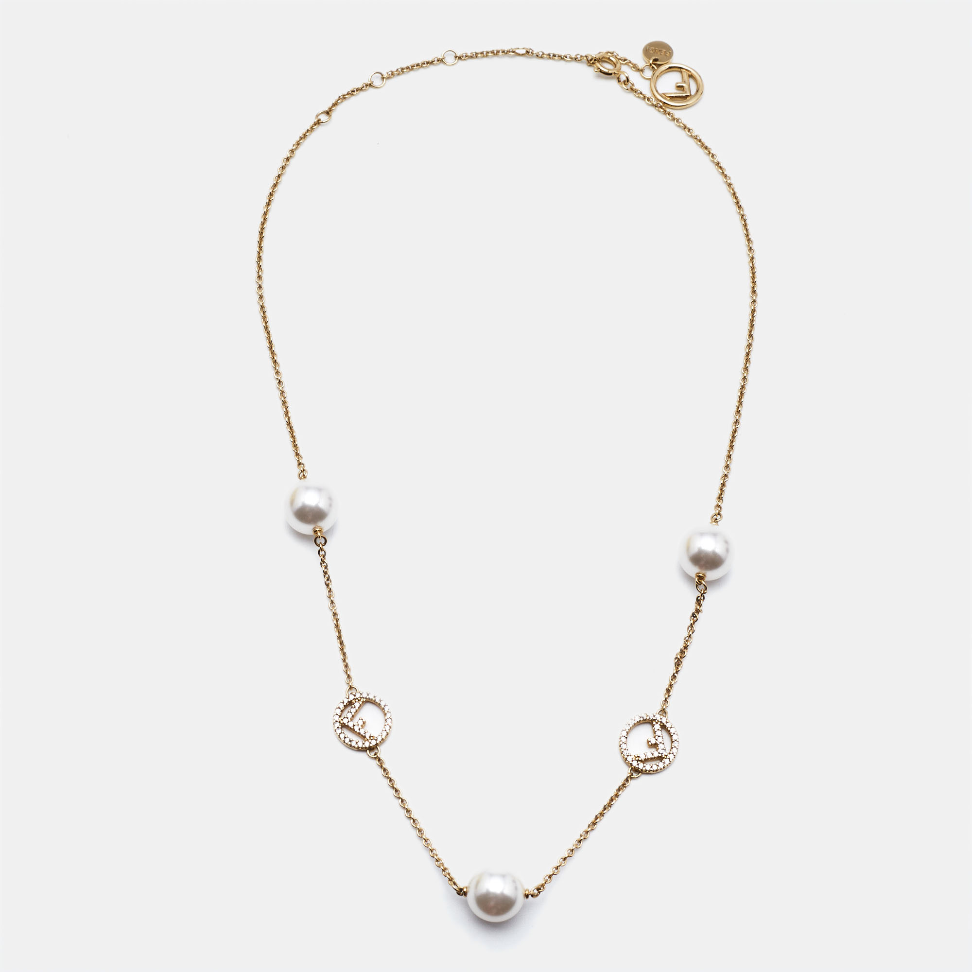 

Fendi Faux Pearl Crystal Gold Tone Station Necklace