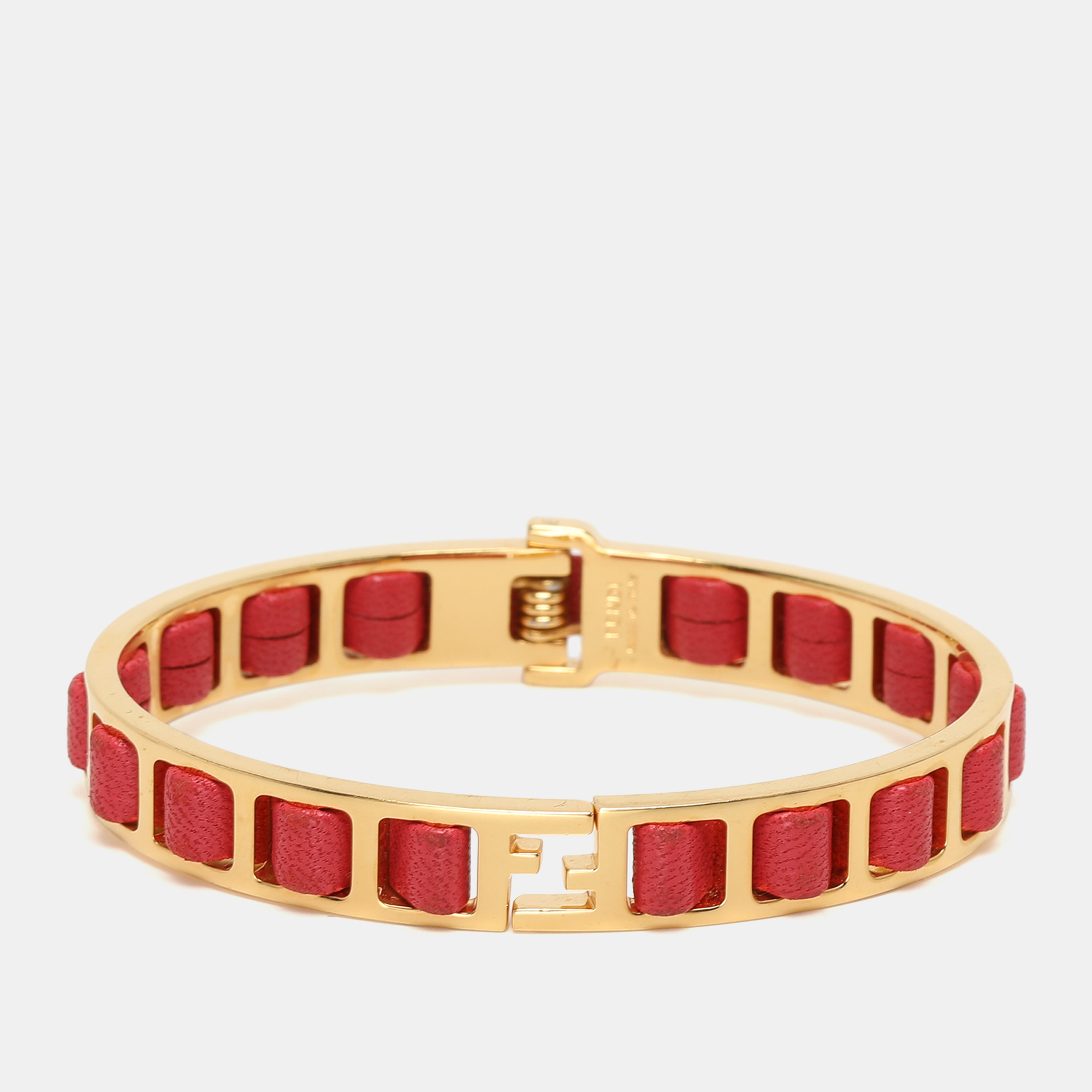 

Fendi Gold Tone Pink Leather The Fendista Bangle Bracelet