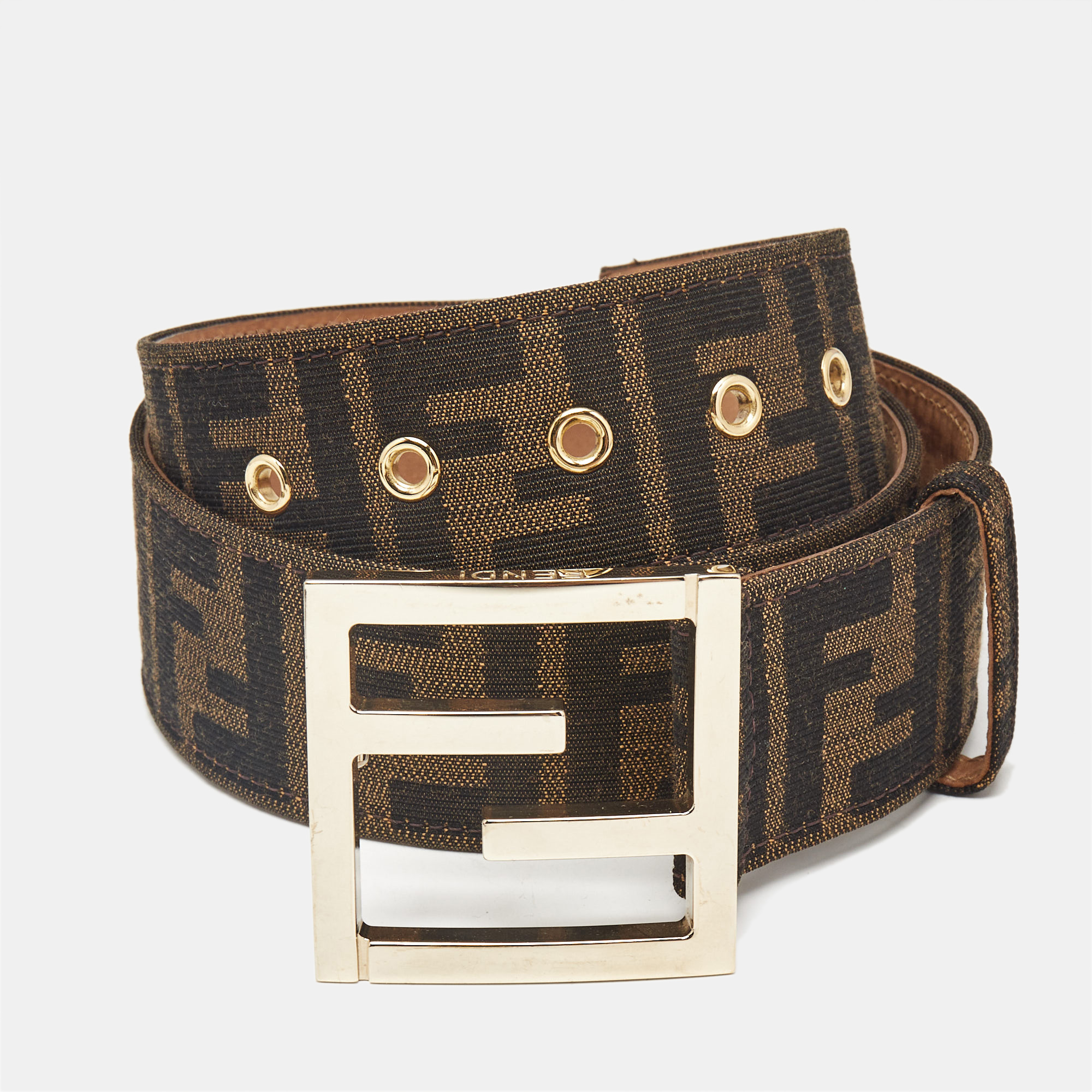 

Fendi Brown Zucca Canvas FF Logo Buckle Belt