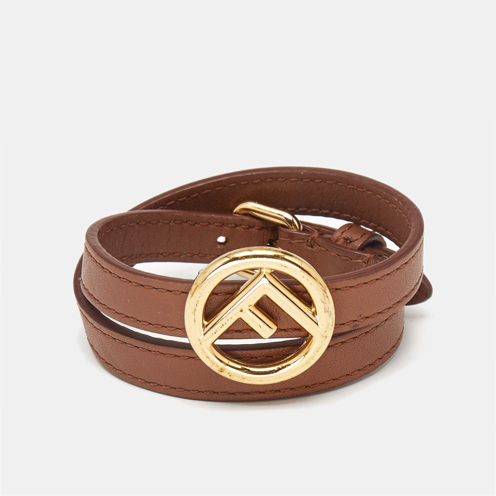 

Fendi F Is Fendi Brown Leather Gold Tone Double Wrap Bracelet