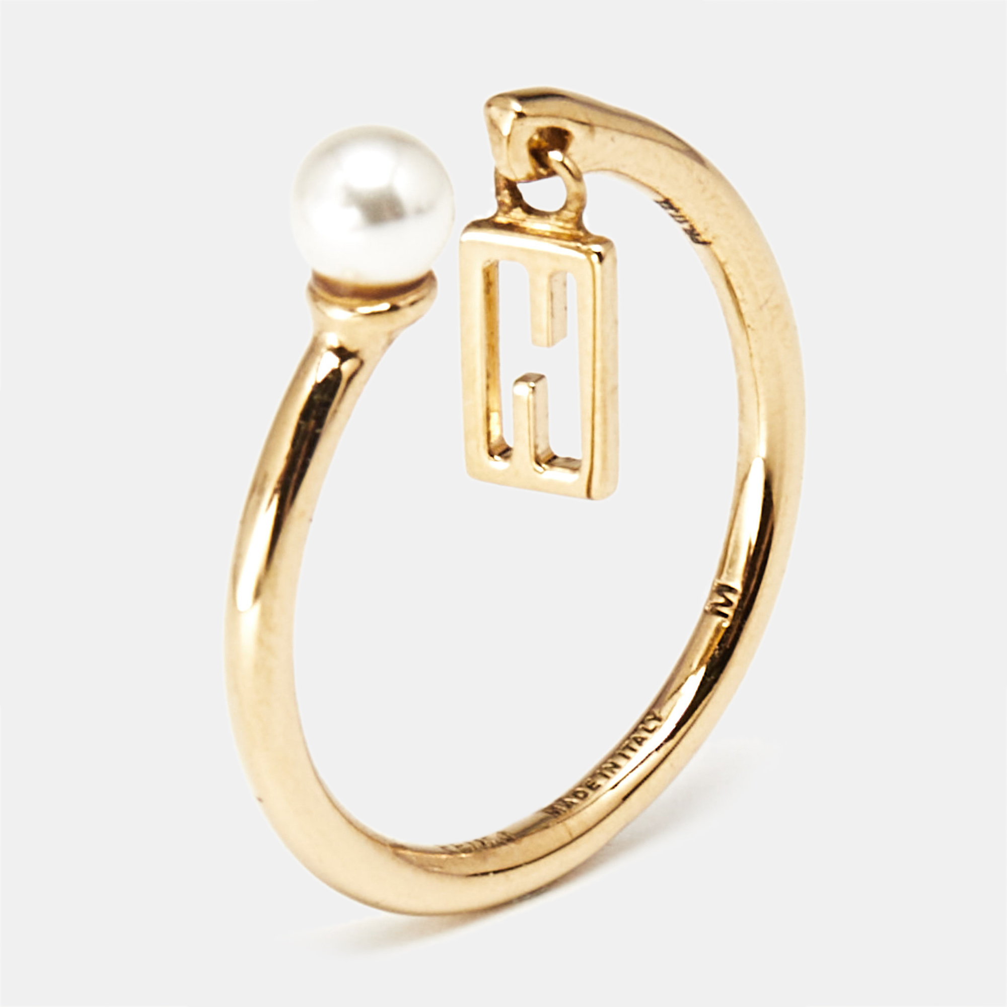 

Fendi Baguette Faux Pearl Gold Tone Open Ring Size
