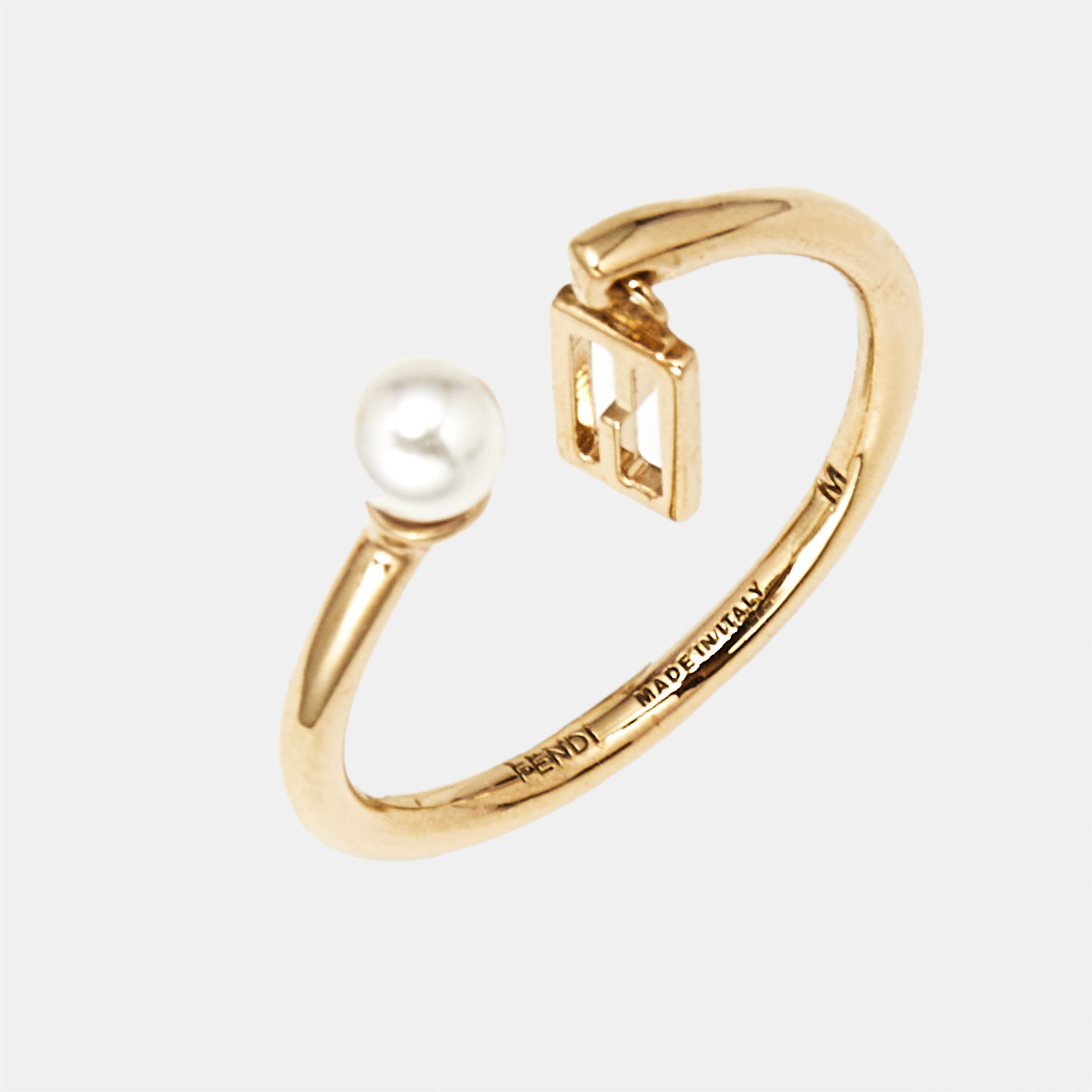 

Fendi Baguette Faux Pearl Gold Tone Open Ring Size