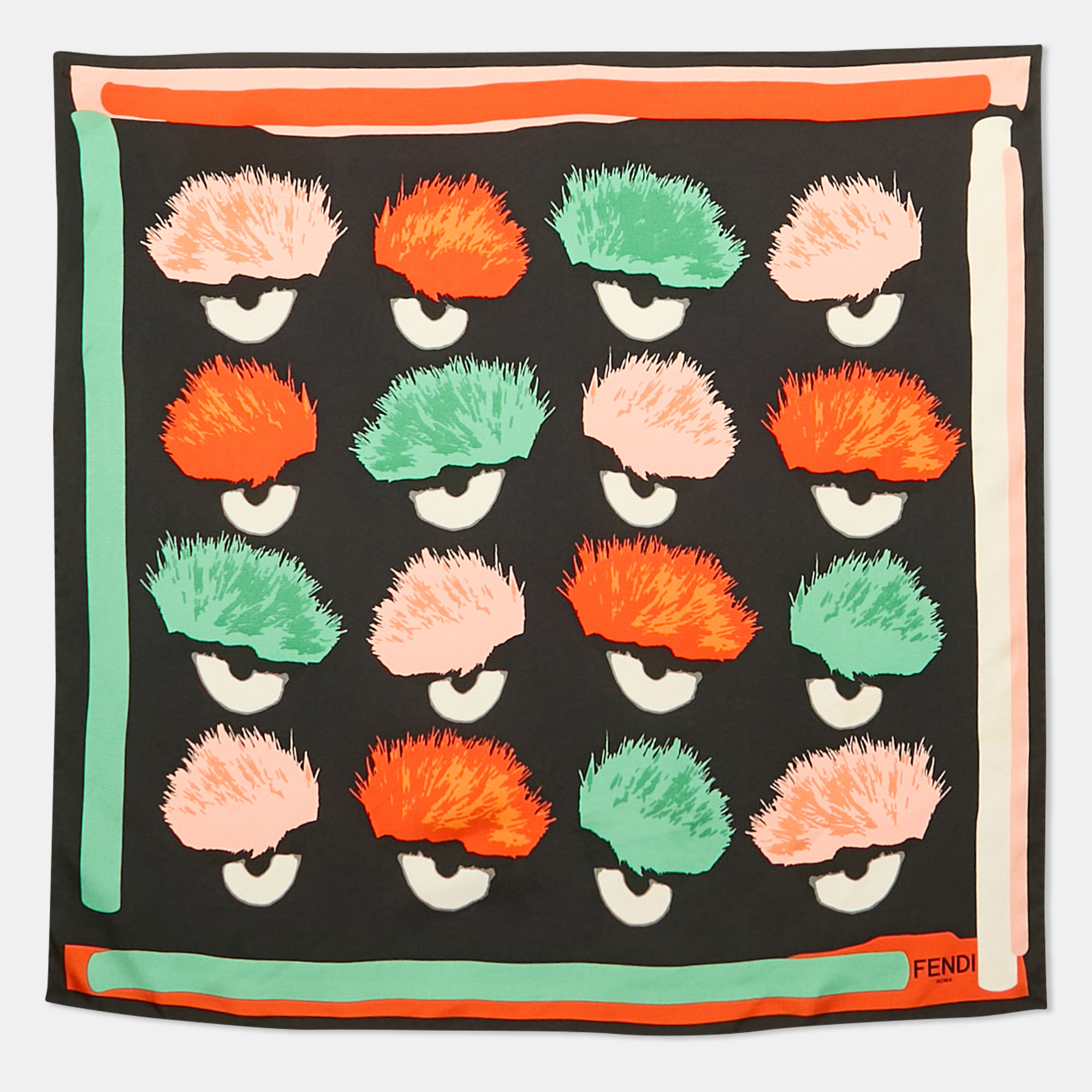 

Fendi Black Abstract Pom Pom Print Silk Monster Square Scarf