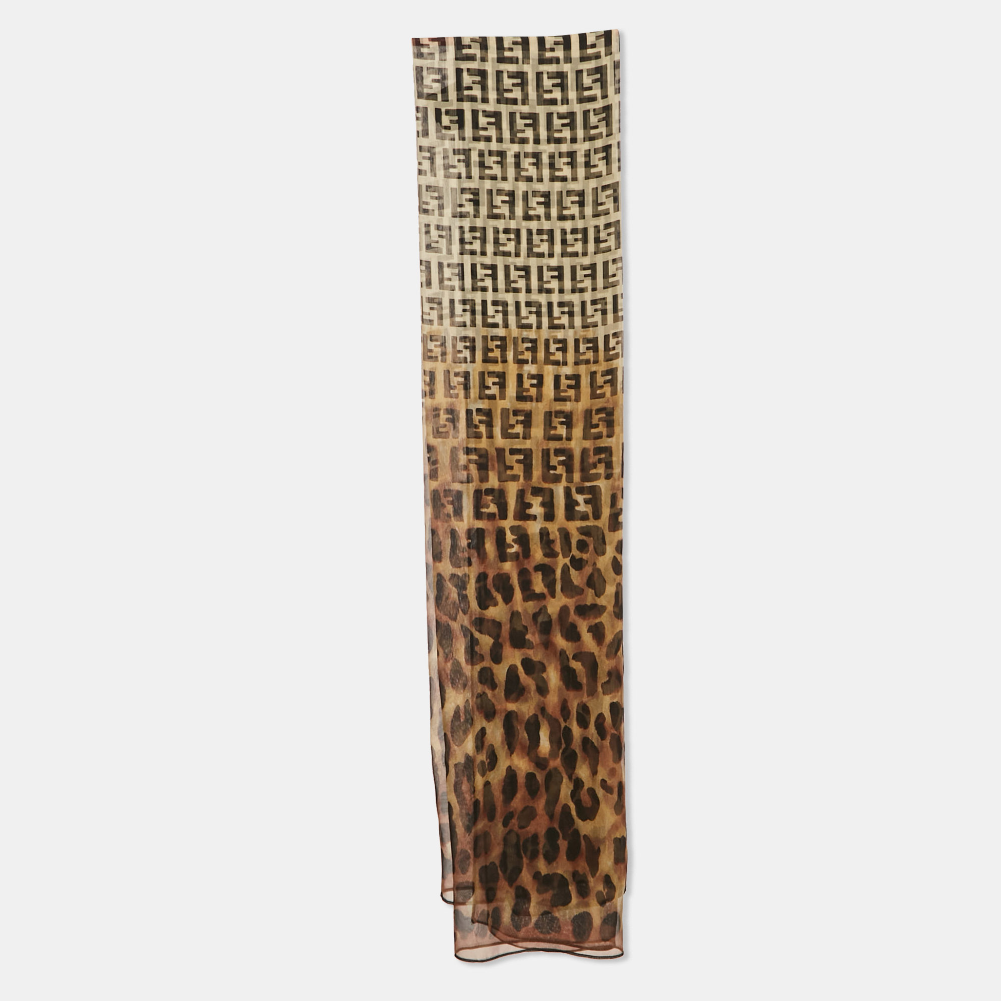 

Fendi Vintage Brown Zucca/Leopard Print Sheer Silk Stole