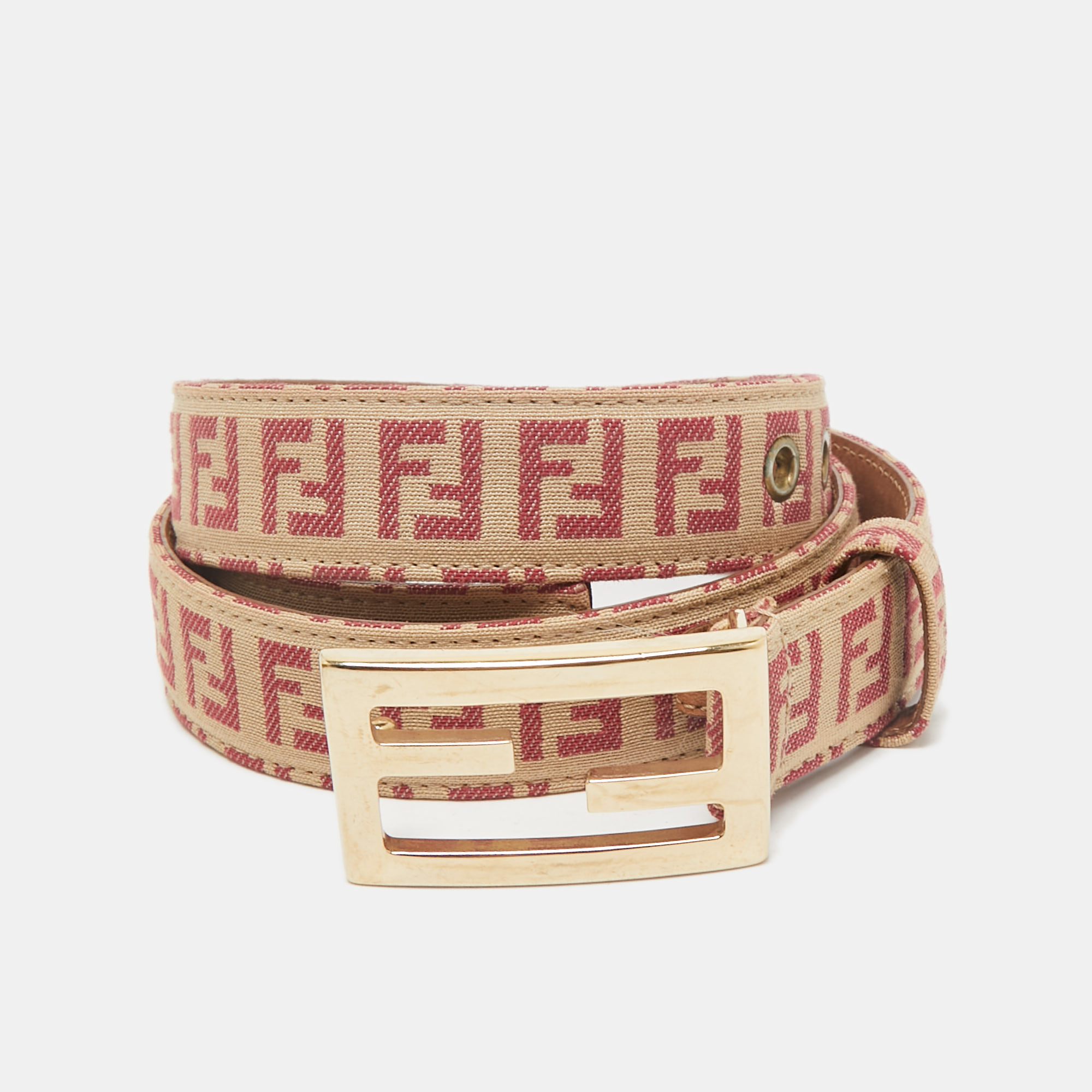 

Fendi Pink/Beige Zucchino Fabric FF Buckle Belt 95CM