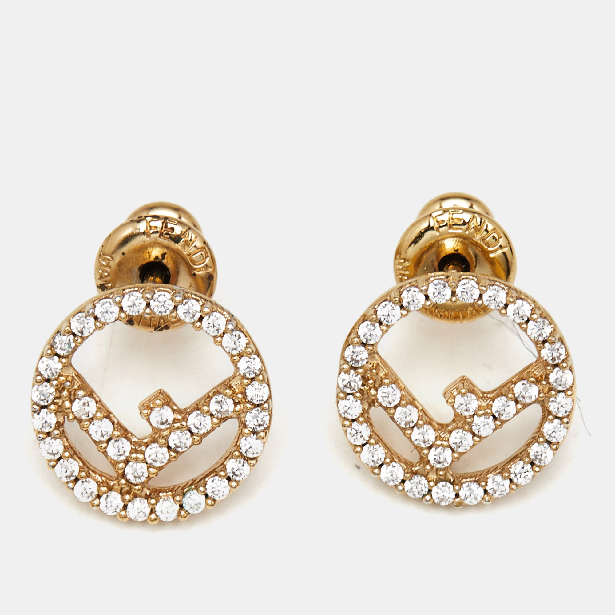 Pre-owned Fendi Crystal Gold Tone Stud Earrings