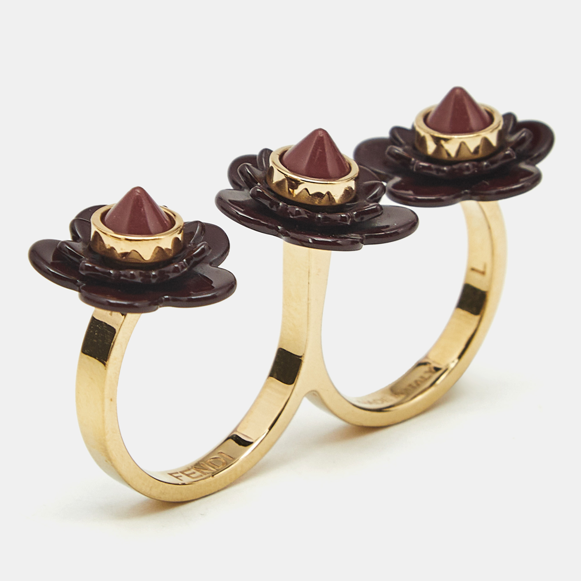 

Fendi Blossom Black Resin & Gold Tone Flower Two Finger Ring